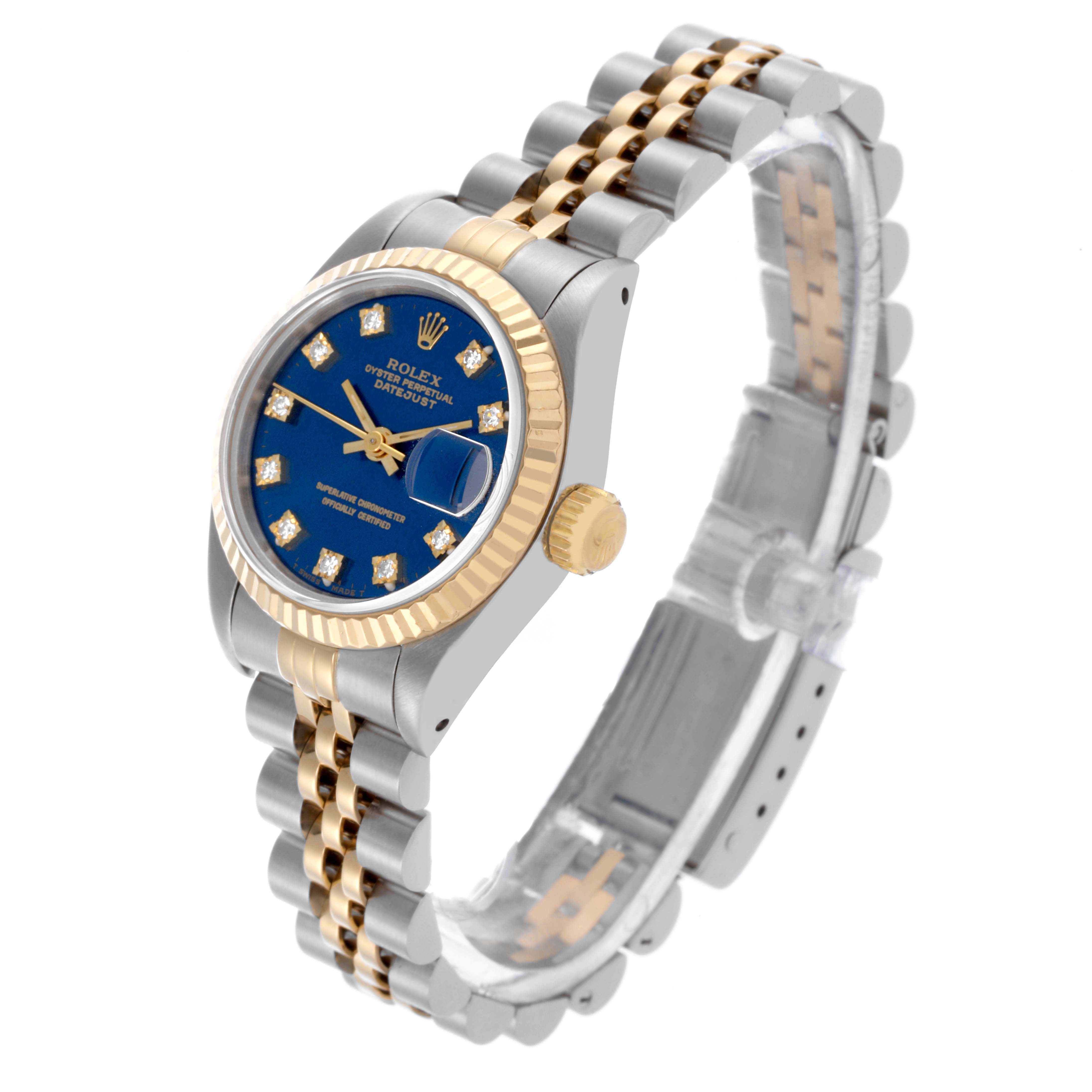 The Rolex Datejust 69173 Women's Steel and Gold (two tone) Blue Dial 69173 Women's Steel and Gold (two tone) Blue Dial watch is shown at a three-quarter angle, displaying the face, crown, bezel, and two-tone bracelet.