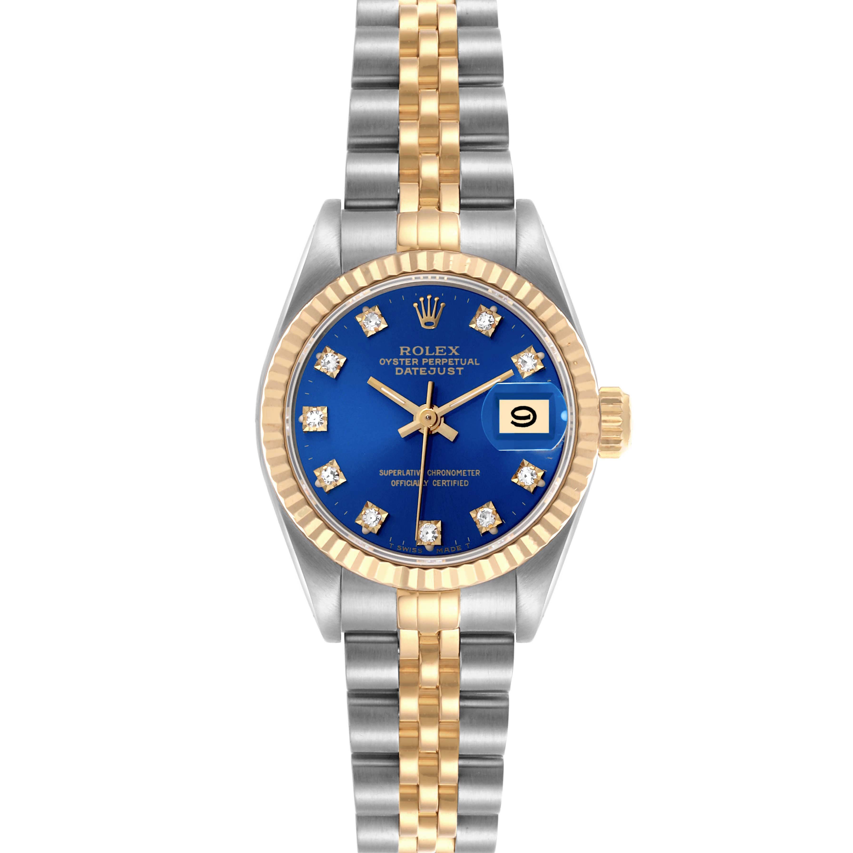 The Rolex Datejust 69173 Women's Steel and Gold (two tone) Blue Dial 69173 Women's Steel and Gold (two tone) Blue Dial watch is shown from the front, displaying its blue dial, gold fluted bezel, and two-tone bracelet.