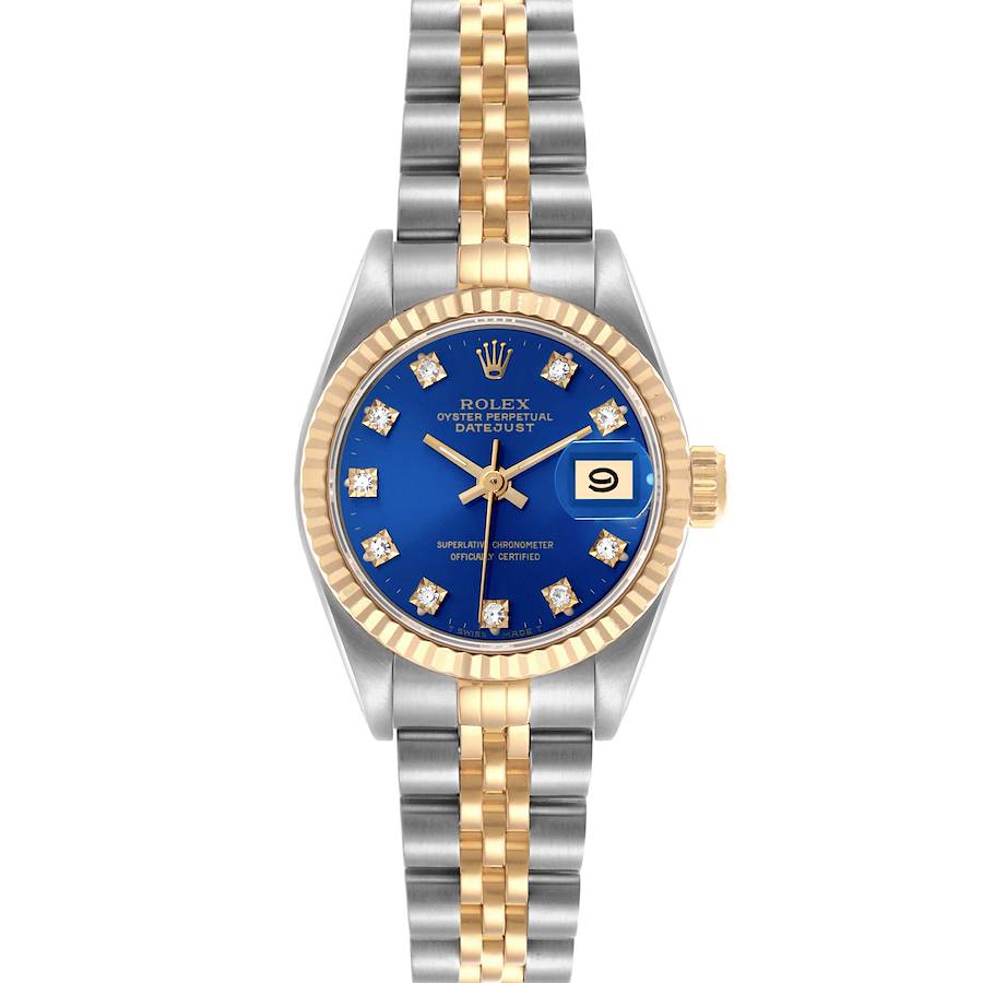 The Rolex Datejust watch is shown from the front, displaying its blue dial, gold fluted bezel, and two-tone bracelet.