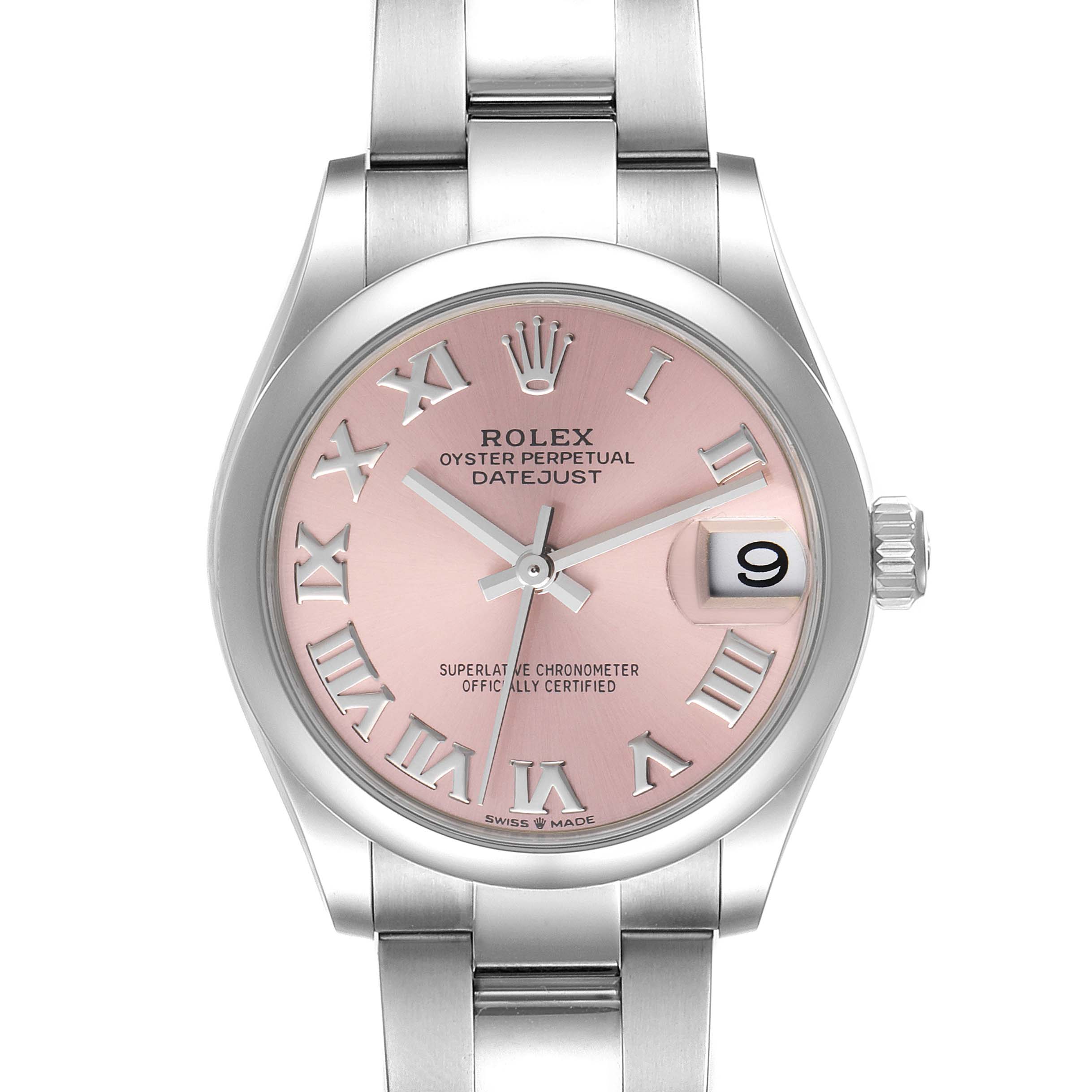 The image shows a front view of a Rolex Mid-Size 278240 Women's Stainless Steel Pink Dial 278240 Women's Stainless Steel Pink Dial Oyster Perpetual Datejust watch with a pink dial and Roman numerals.