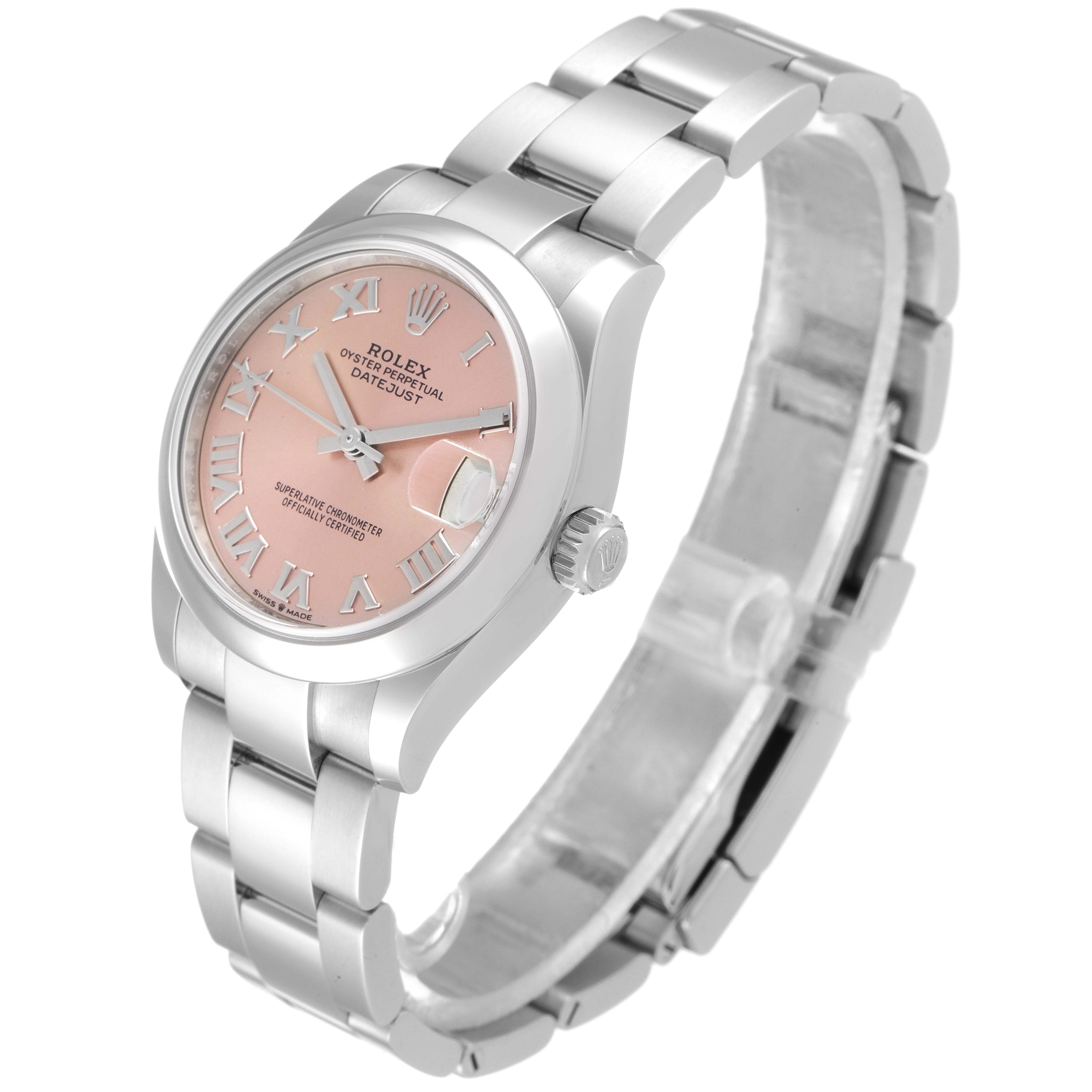 The Rolex Mid-Size 278240 Women's Stainless Steel Pink Dial 278240 Women's Stainless Steel Pink Dial model is shown at a slight angle, displaying the face, case, crown, and stainless steel bracelet.