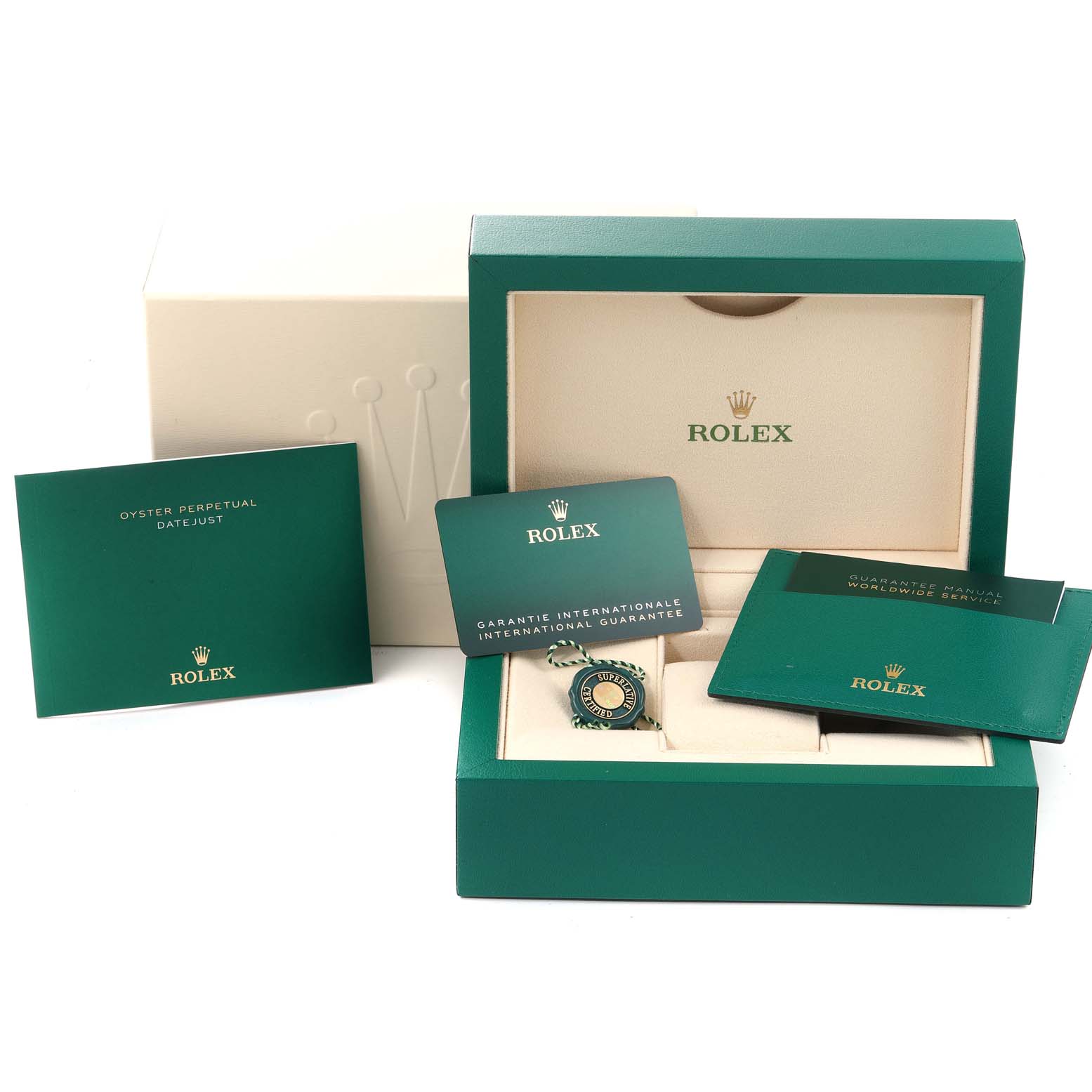 The image shows the packaging, warranty card, manuals, and tag of a Rolex Mid-Size 278240 Women's Stainless Steel Pink Dial 278240 Women's Stainless Steel Pink Dial Oyster Perpetual Datejust watch.