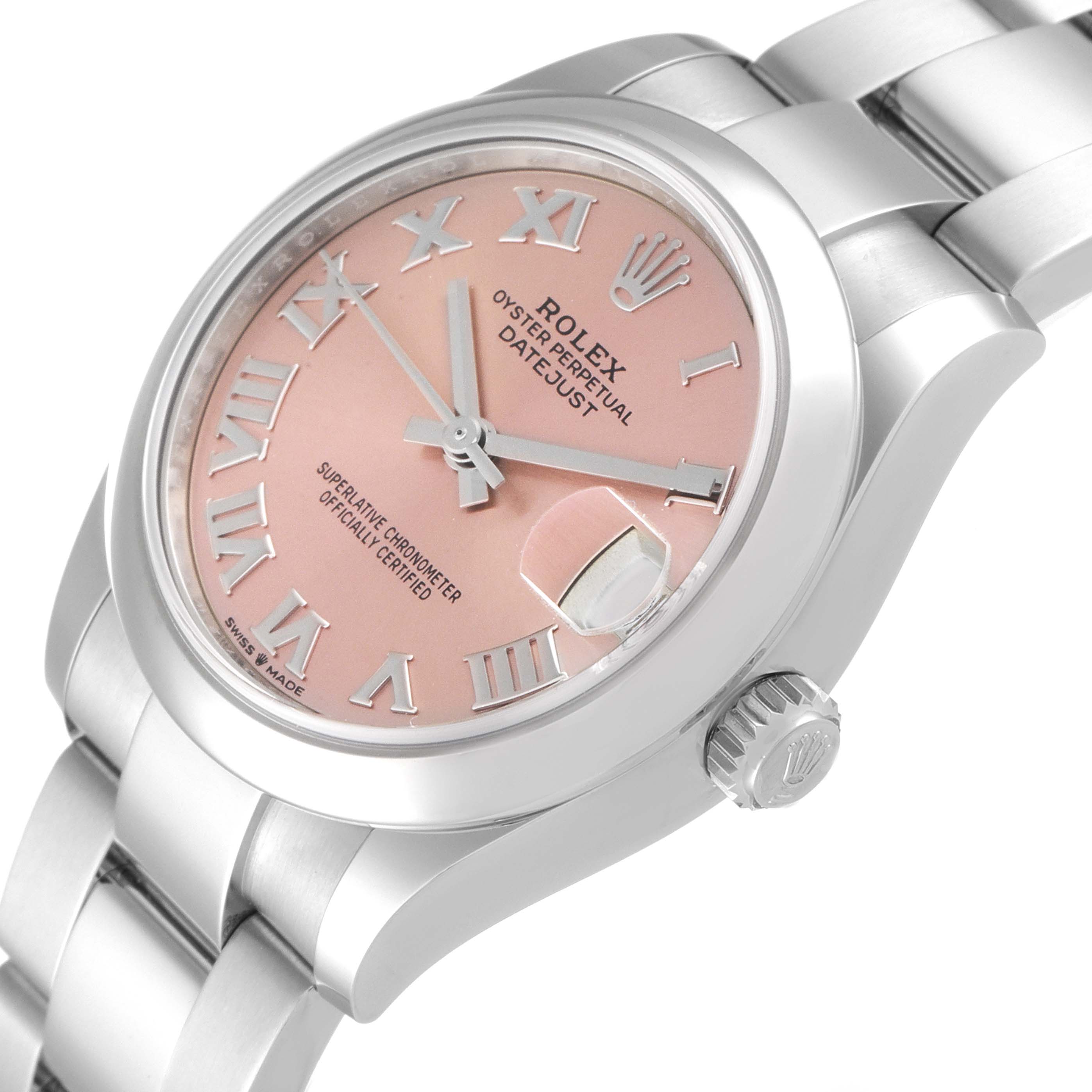 The image shows a close-up angle of a Rolex Mid-Size 278240 Women's Stainless Steel Pink Dial 278240 Women's Stainless Steel Pink Dial Datejust watch, highlighting the pink dial, Roman numerals, crown, and bracelet.