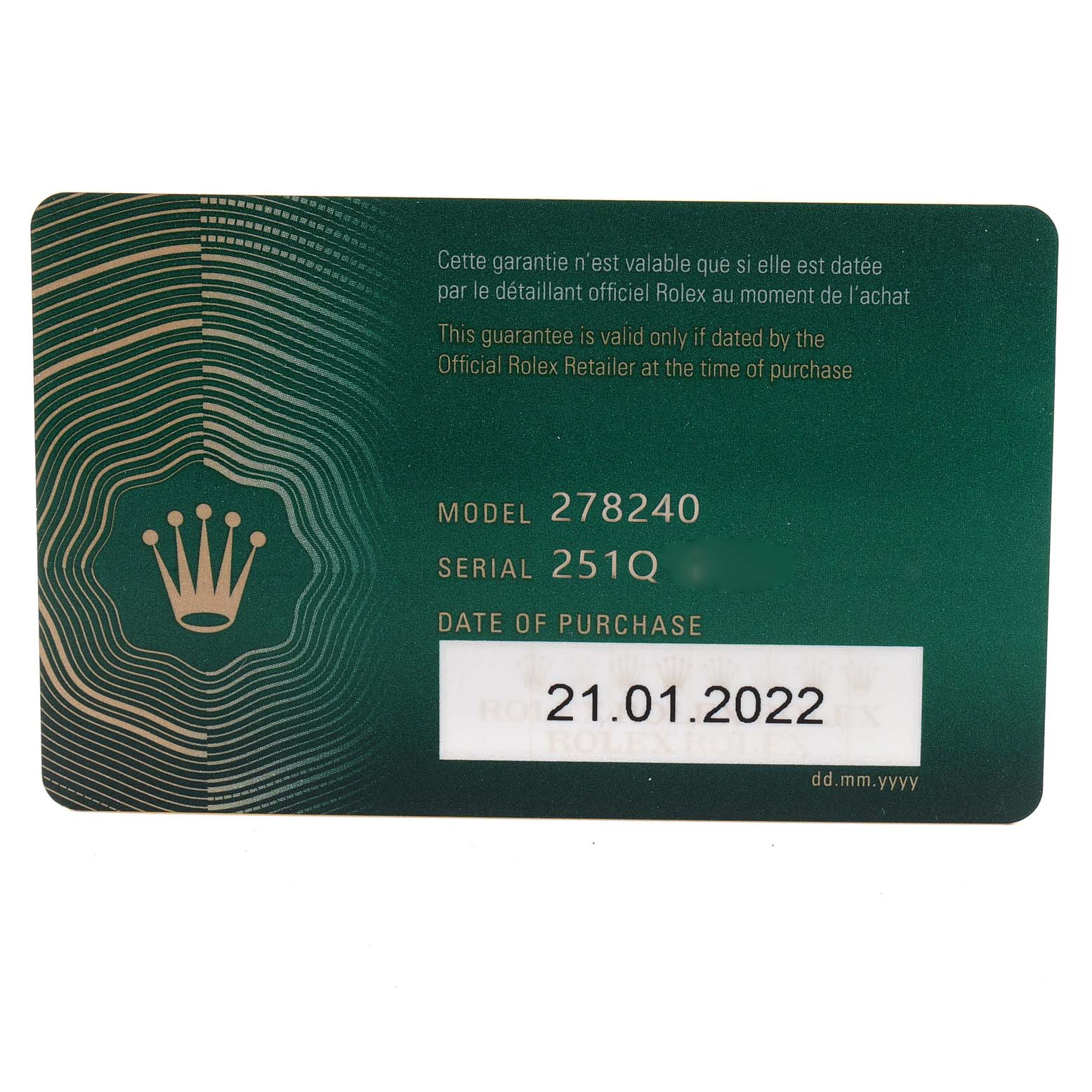 Shown is a guarantee card for the mid-size Rolex model 278240 with the date of purchase listed as 21.01.2022.