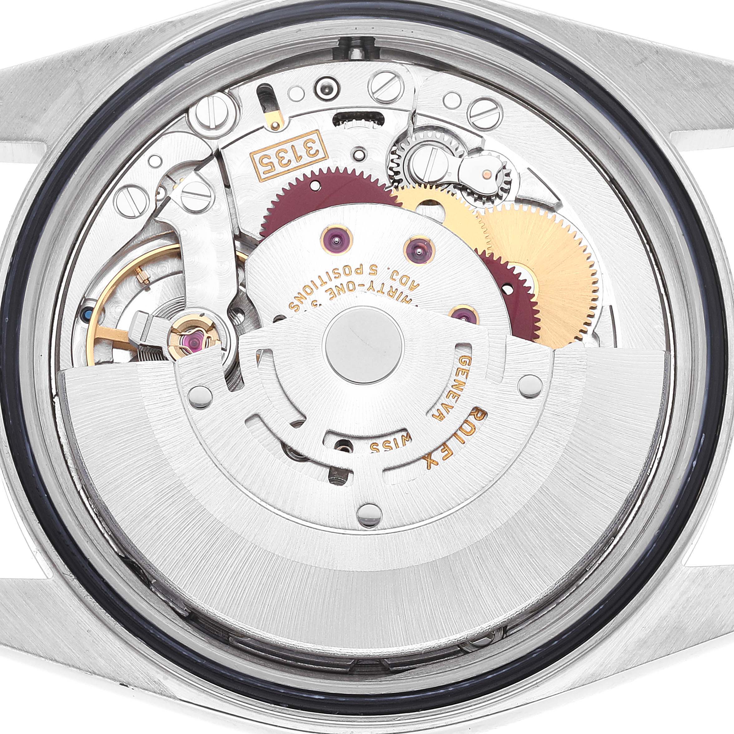 This image shows the internal movement mechanism of a Rolex Datejust 16220 Men's Stainless Steel Silver Dial 16220 Men's Stainless Steel Silver Dial watch from a rear view angle.