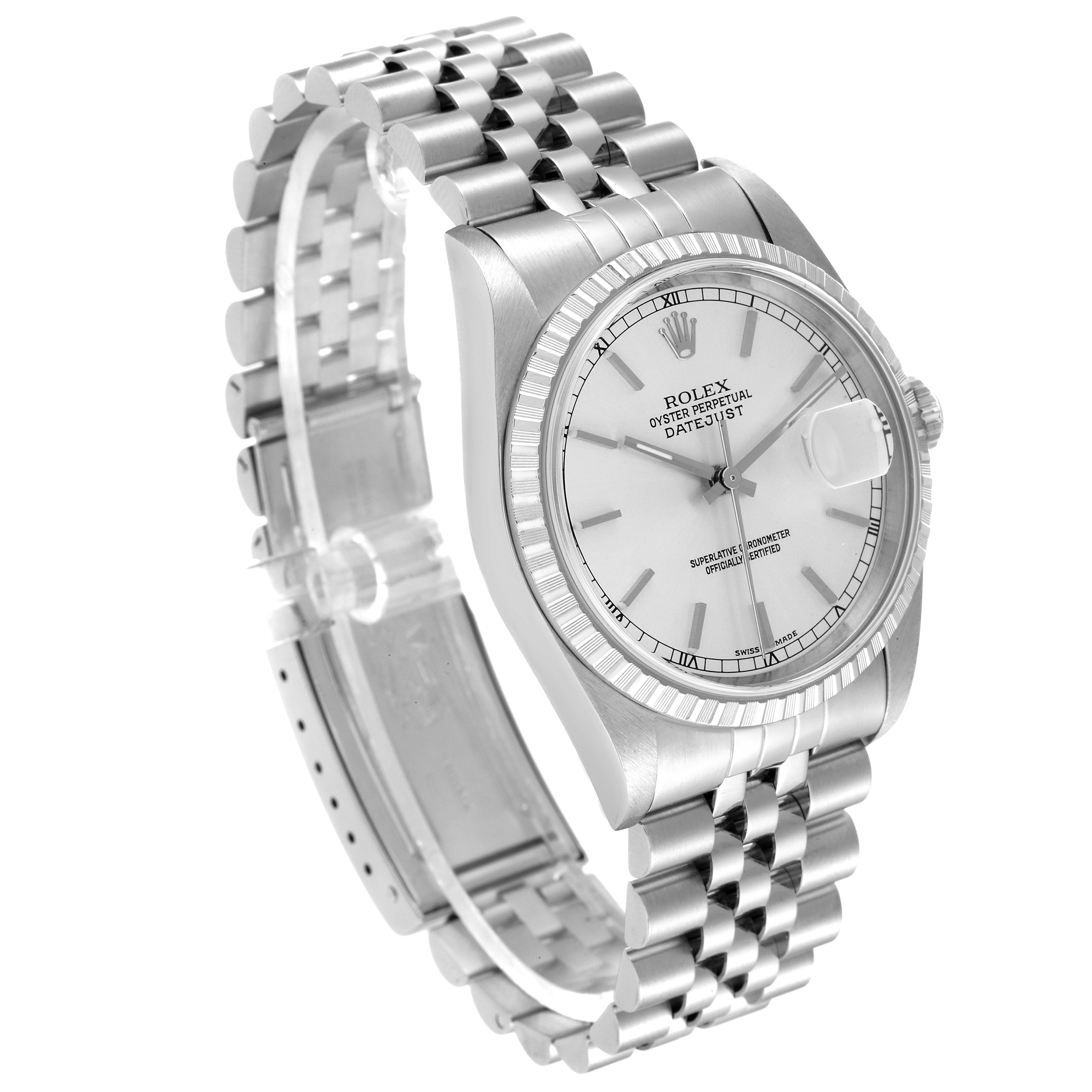 The image shows a Rolex Datejust 16220 Men's Stainless Steel Silver Dial 16220 Men's Stainless Steel Silver Dial watch at a three-quarter angle, highlighting the face, bezel, and bracelet.