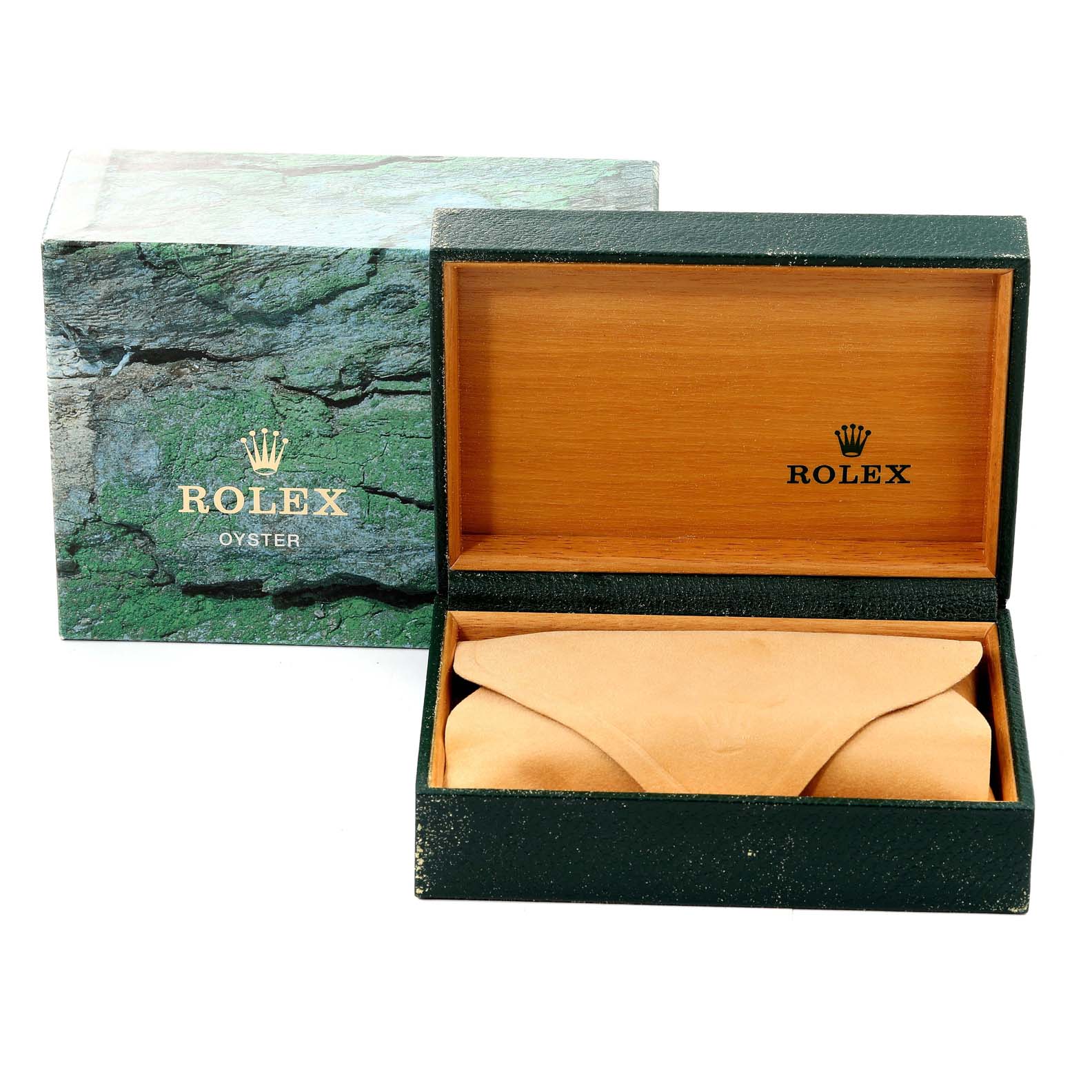 The image shows an open wooden display box and an outer green box for the Rolex Datejust 16220 Men's Stainless Steel Silver Dial 16220 Men's Stainless Steel Silver Dial model watch.