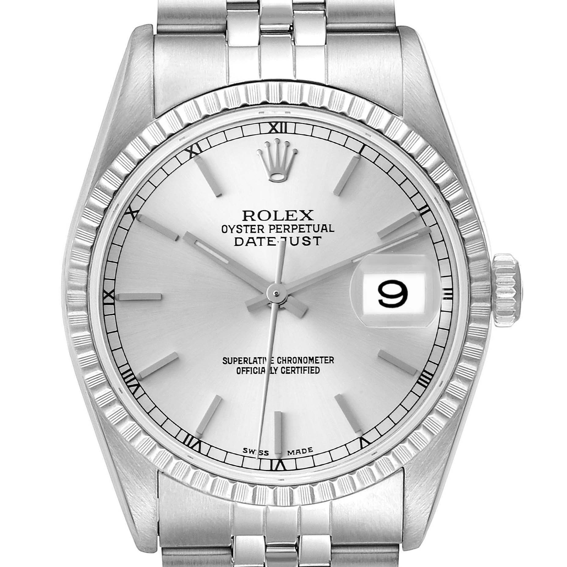 This image shows a frontal view of the Rolex Datejust 16220 Men's Stainless Steel Silver Dial 16220 Men's Stainless Steel Silver Dial watch, highlighting the dial, bezel, crown, and part of the bracelet.