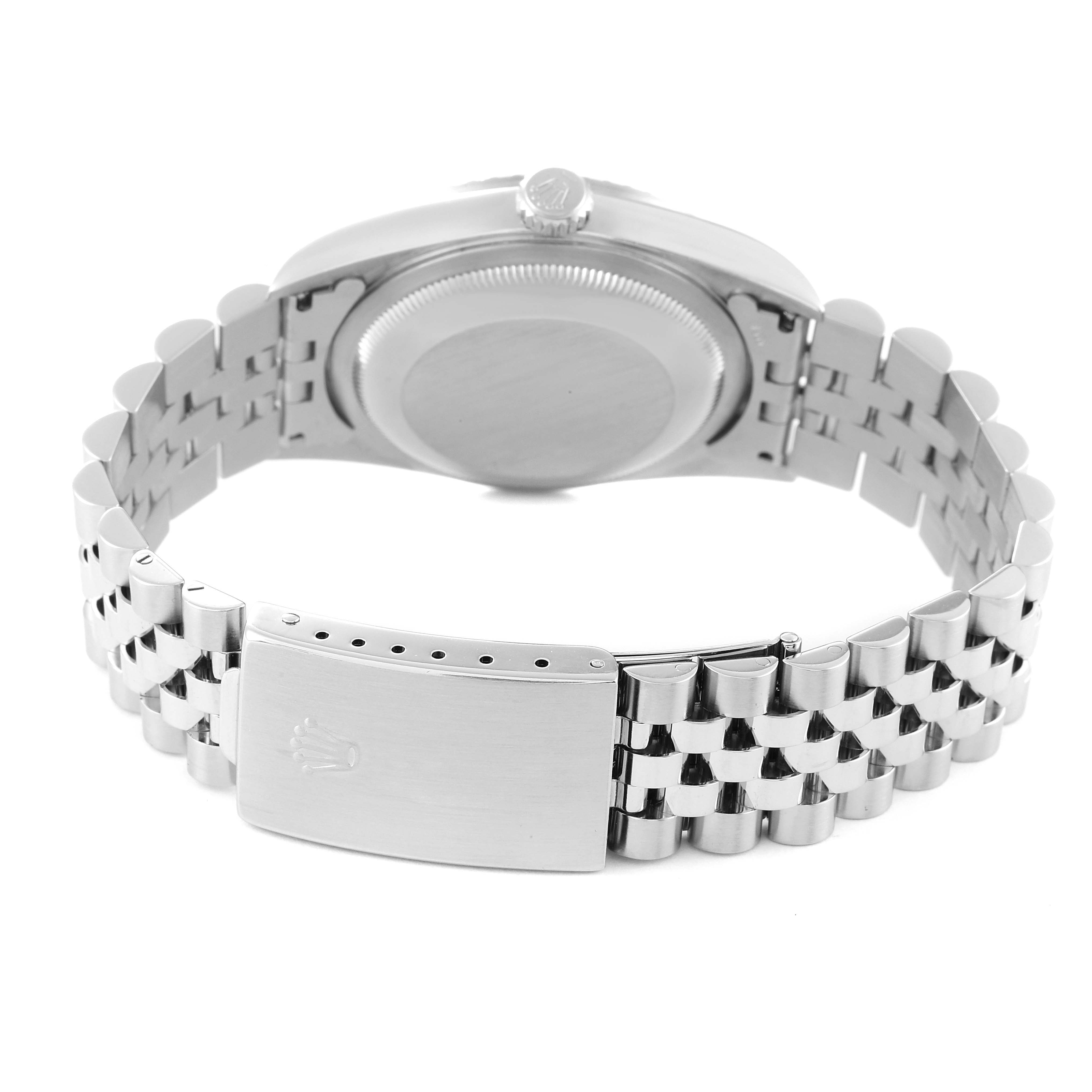 This image shows the back case and bracelet of a Rolex Datejust 16220 Men's Stainless Steel Silver Dial 16220 Men's Stainless Steel Silver Dial model watch from a rear angle.