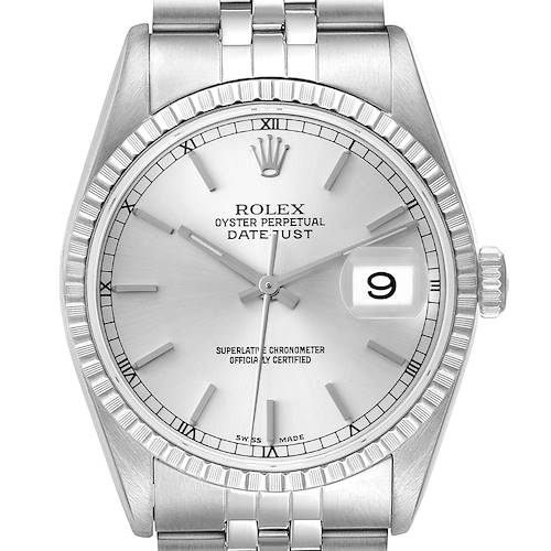 This image shows a front view of a Rolex Datejust watch, highlighting the silver dial, fluted bezel, and date window.