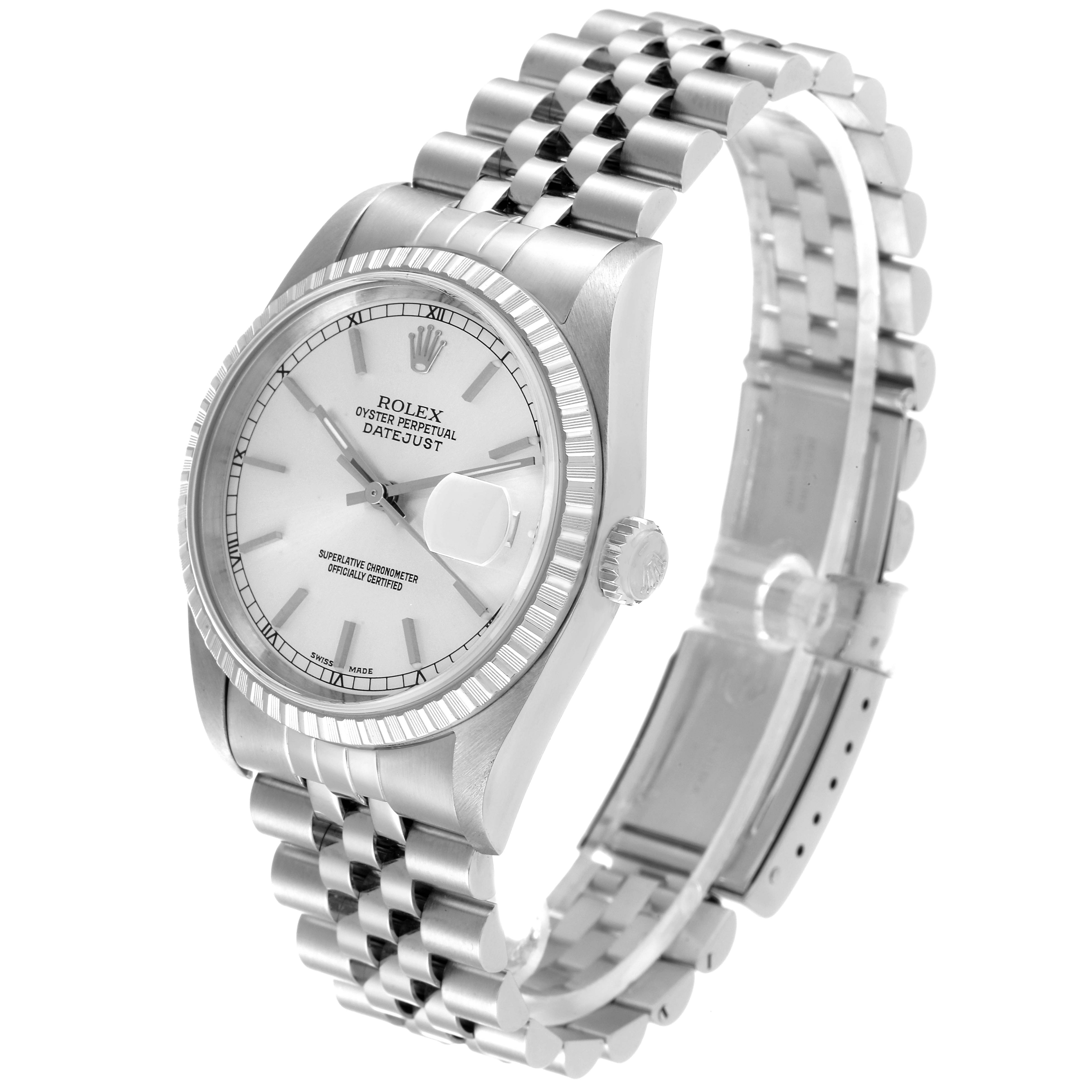 This image shows a Rolex Datejust 16220 Men's Stainless Steel Silver Dial 16220 Men's Stainless Steel Silver Dial model watch, featuring the dial, bezel, crown, and Jubilee bracelet at a three-quarter angle.