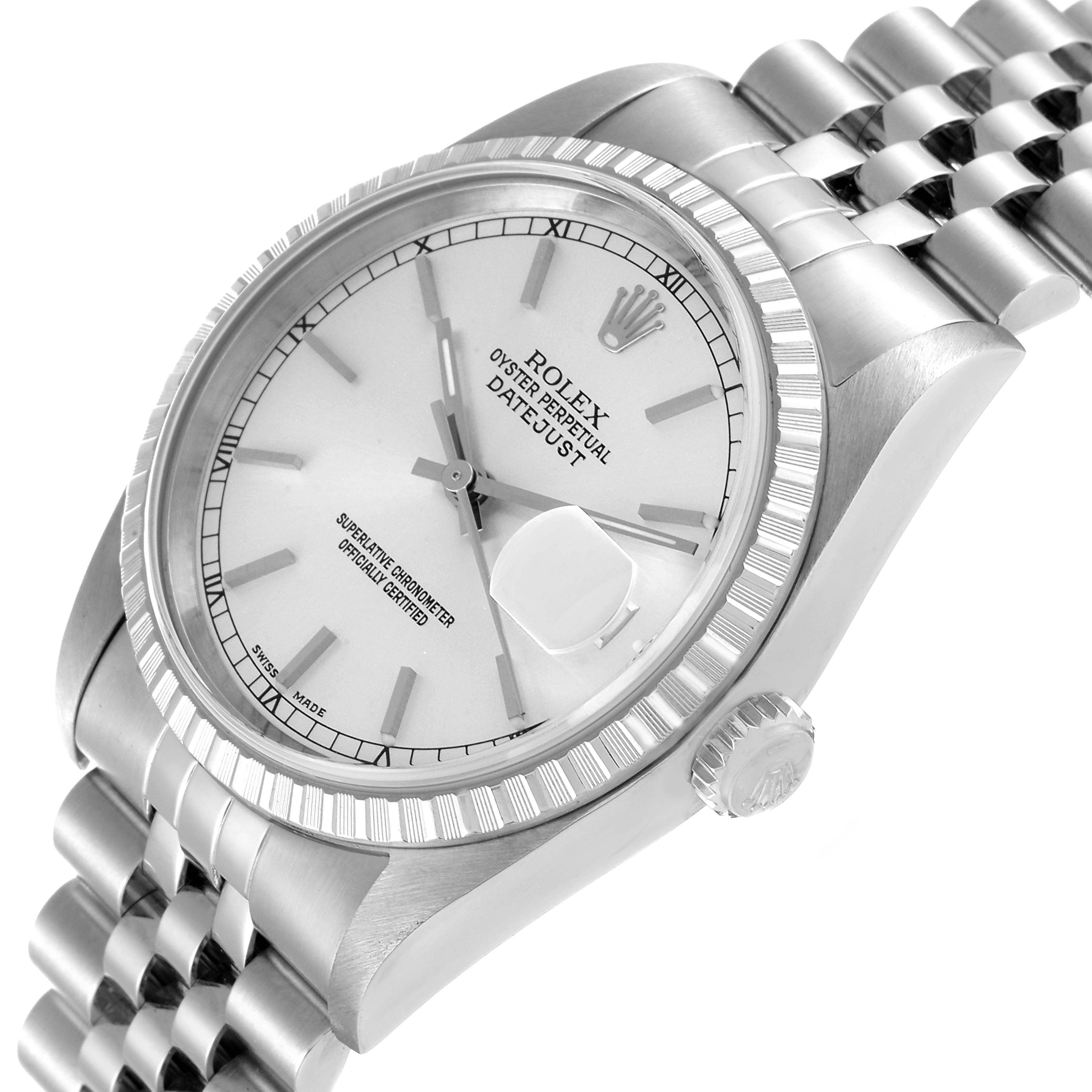 The image shows a Rolex Datejust 16220 Men's Stainless Steel Silver Dial 16220 Men's Stainless Steel Silver Dial watch at an angled view, highlighting the dial, bezel, crown, and part of the bracelet.