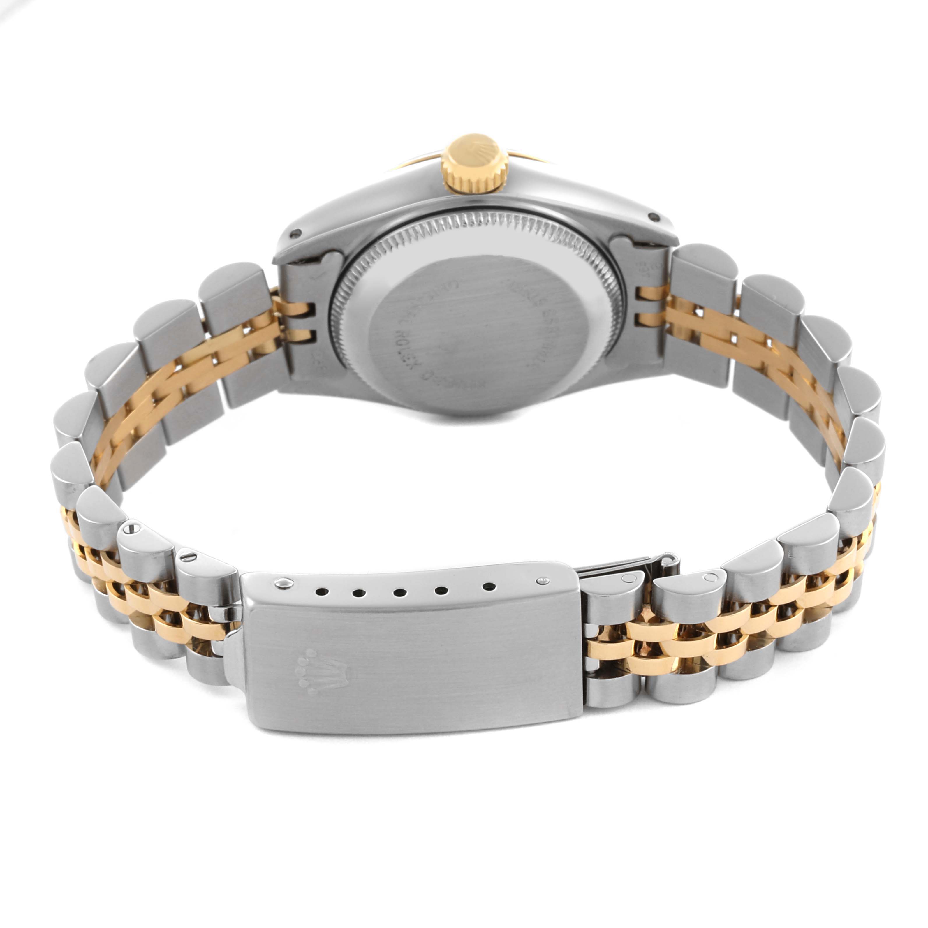 The image shows the back of a Rolex Datejust 69173 Women's Steel and Gold (two tone) Silver Dial 69173 Women's Steel and Gold (two tone) Silver Dial, highlighting the case back and the two-tone bracelet with a clasp.