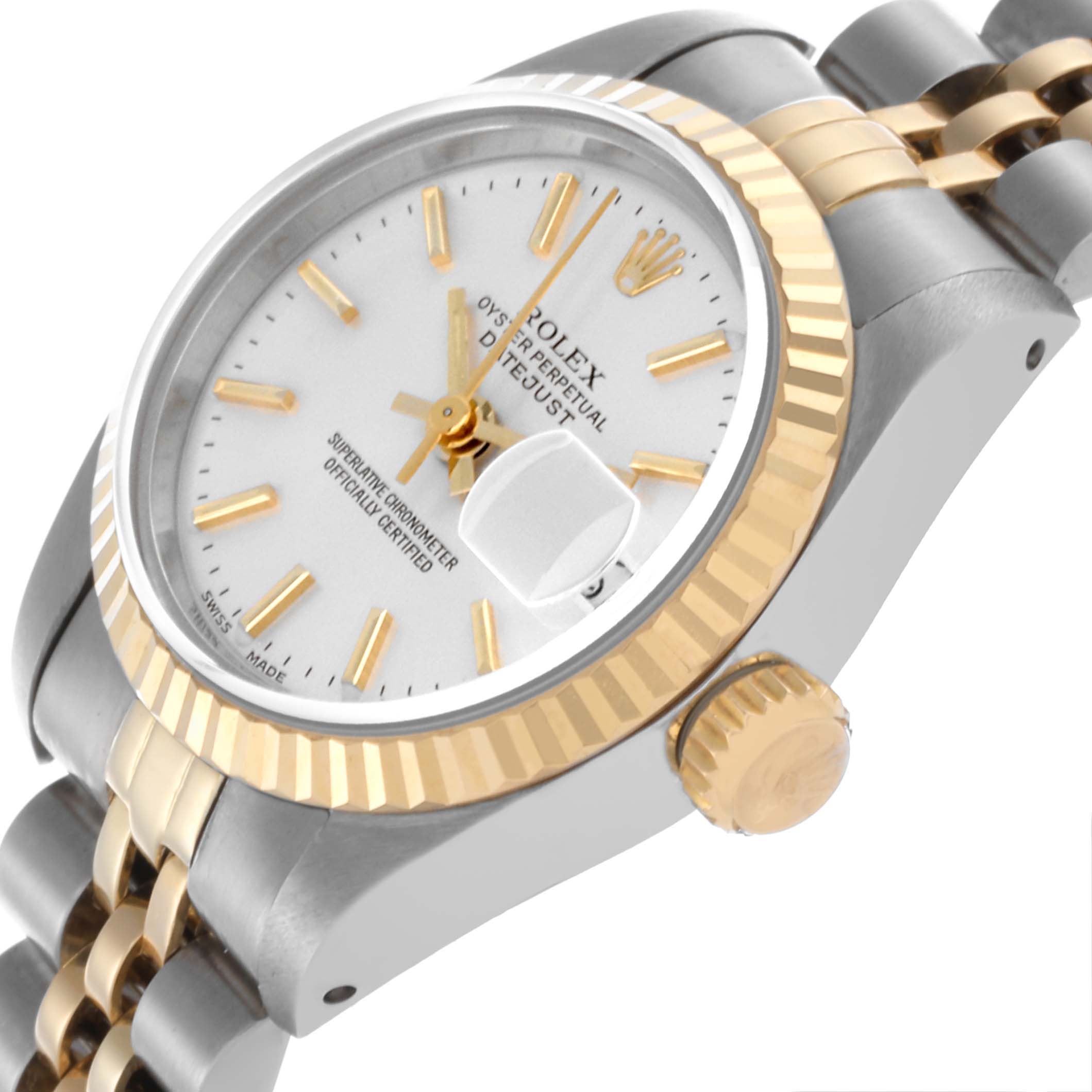 The Rolex Datejust 69173 Women's Steel and Gold (two tone) Silver Dial 69173 Women's Steel and Gold (two tone) Silver Dial watch is shown at an angled side view, displaying the crown, fluted bezel, and partial jubilee bracelet.