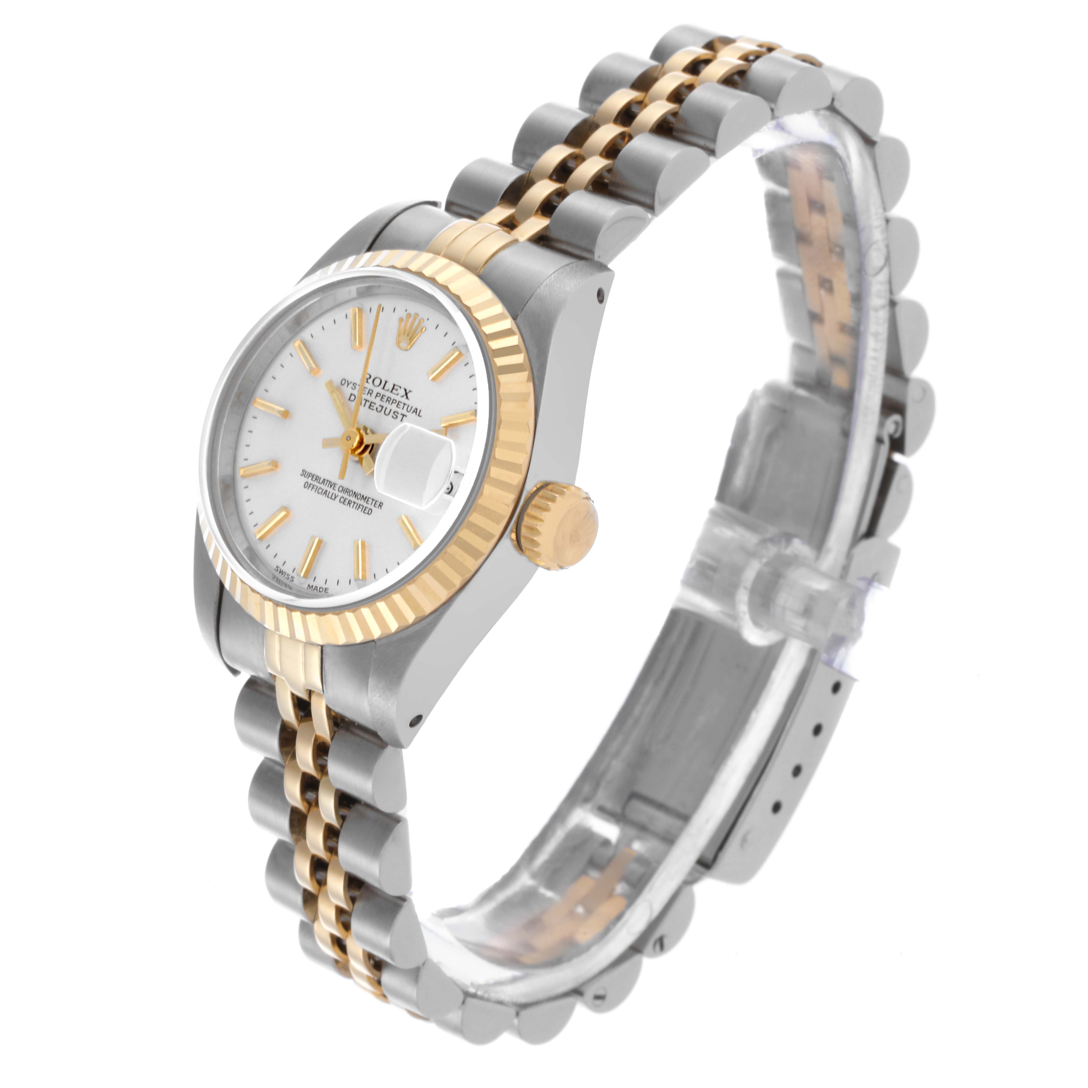 The Rolex Datejust 69173 Women's Steel and Gold (two tone) Silver Dial 69173 Women's Steel and Gold (two tone) Silver Dial watch is shown at a side angle, highlighting the bezel, dial, and bracelet.