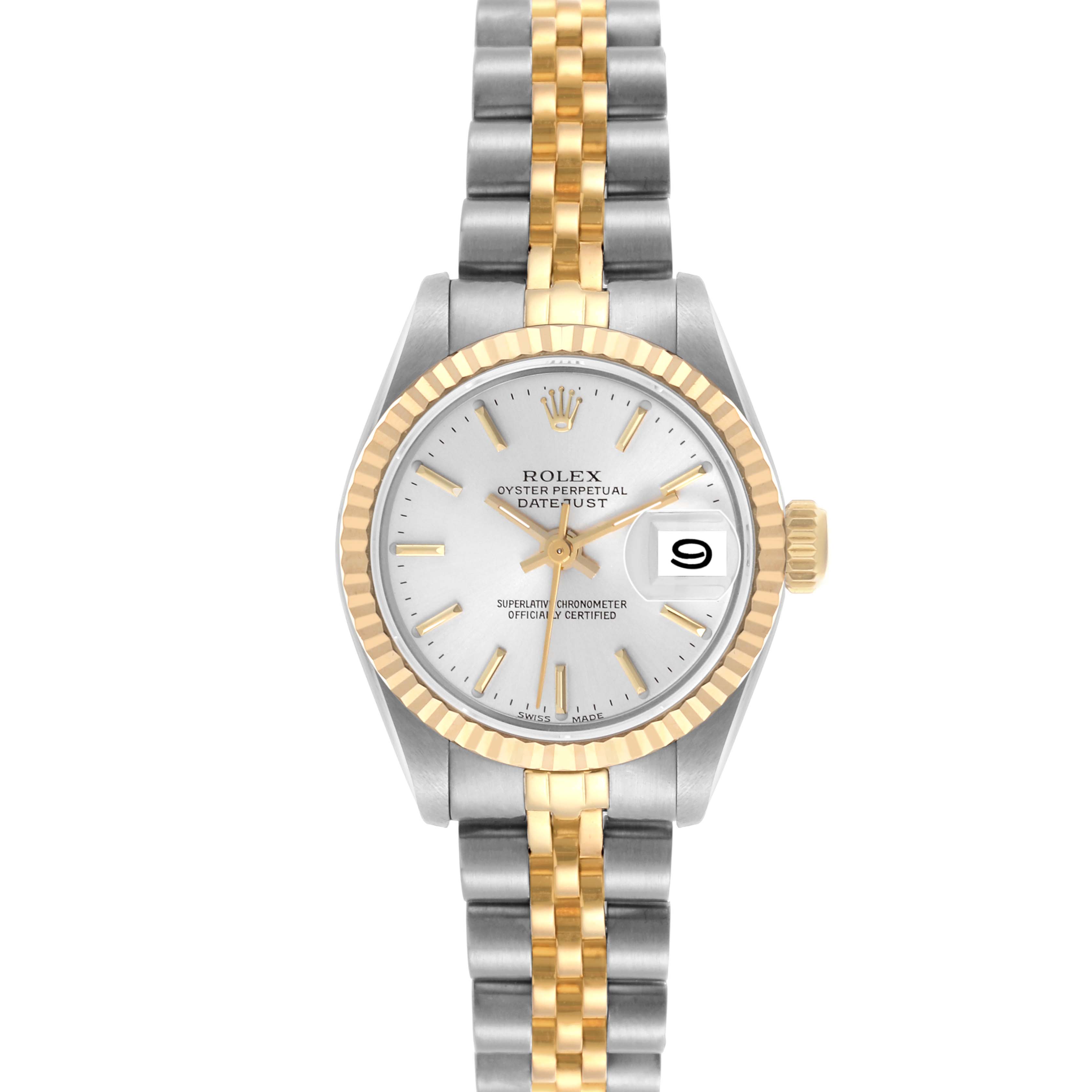 The Rolex Datejust 69173 Women's Steel and Gold (two tone) Silver Dial 69173 Women's Steel and Gold (two tone) Silver Dial watch is shown in a front view, highlighting its two-tone bracelet, fluted bezel, and date window.