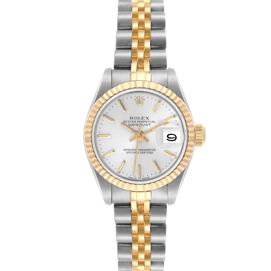 The Rolex Datejust watch is shown in a front view, highlighting its two-tone bracelet, fluted bezel, and date window.