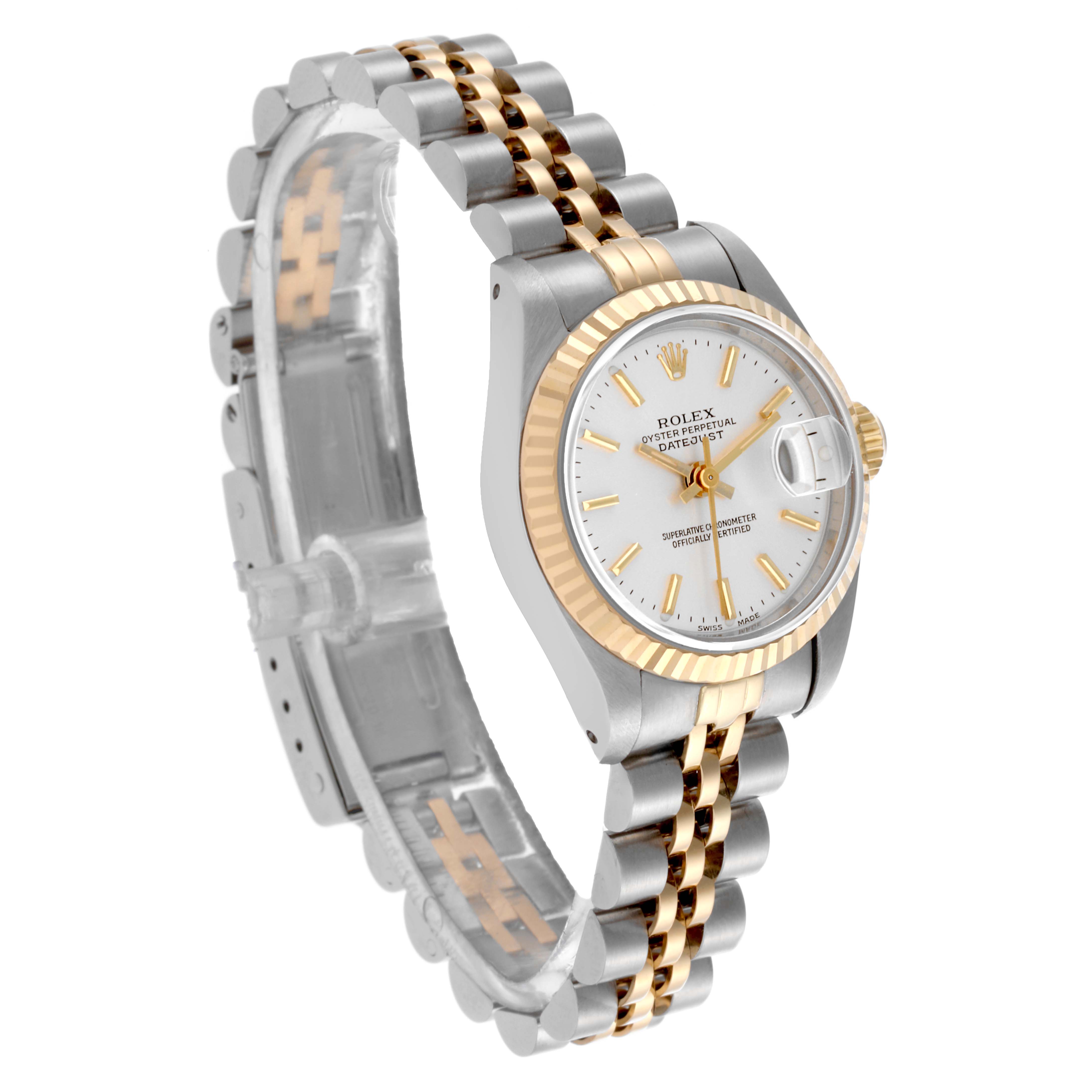 The Rolex Datejust 69173 Women's Steel and Gold (two tone) Silver Dial 69173 Women's Steel and Gold (two tone) Silver Dial is shown at a three-quarter angle, displaying its face, bezel, crown, and two-tone bracelet.