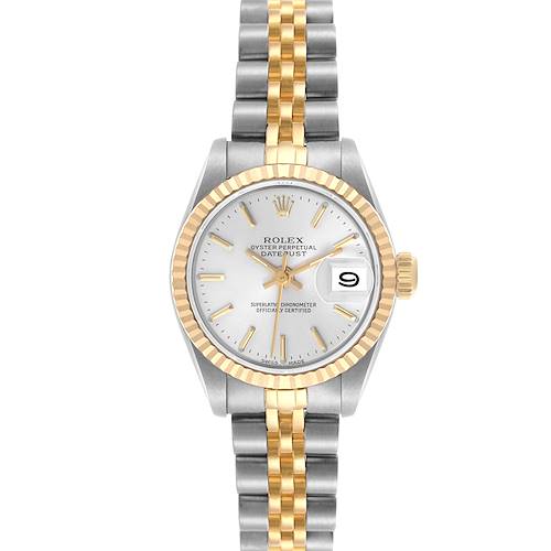 The Rolex Datejust watch is shown from a front angle, displaying the dial, bezel, and two-tone bracelet.
