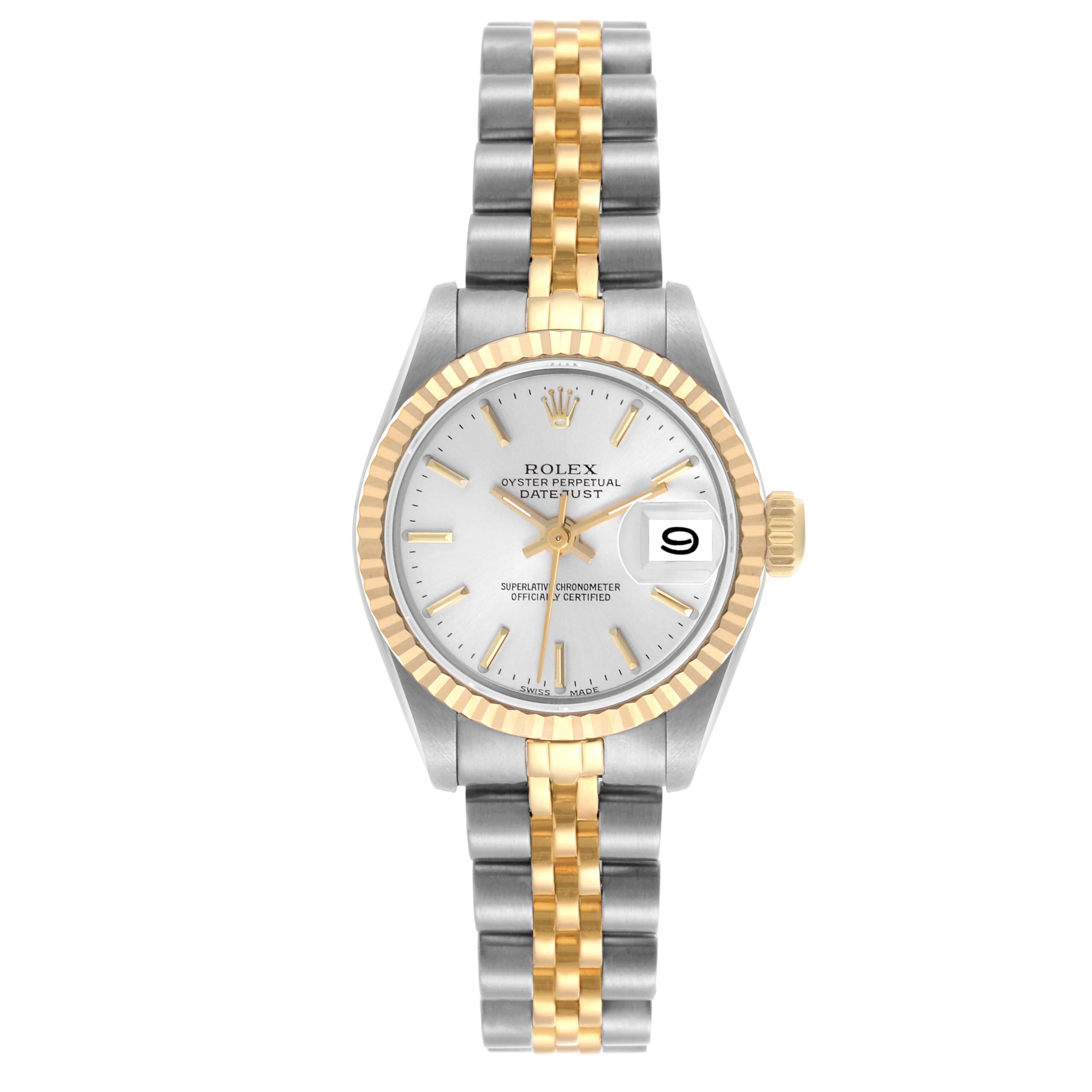 The Rolex Datejust 69173 Women's Steel and Gold (two tone) Silver Dial 69173 Women's Steel and Gold (two tone) Silver Dial watch is shown from a front angle, displaying the face, bezel, and two-tone bracelet.