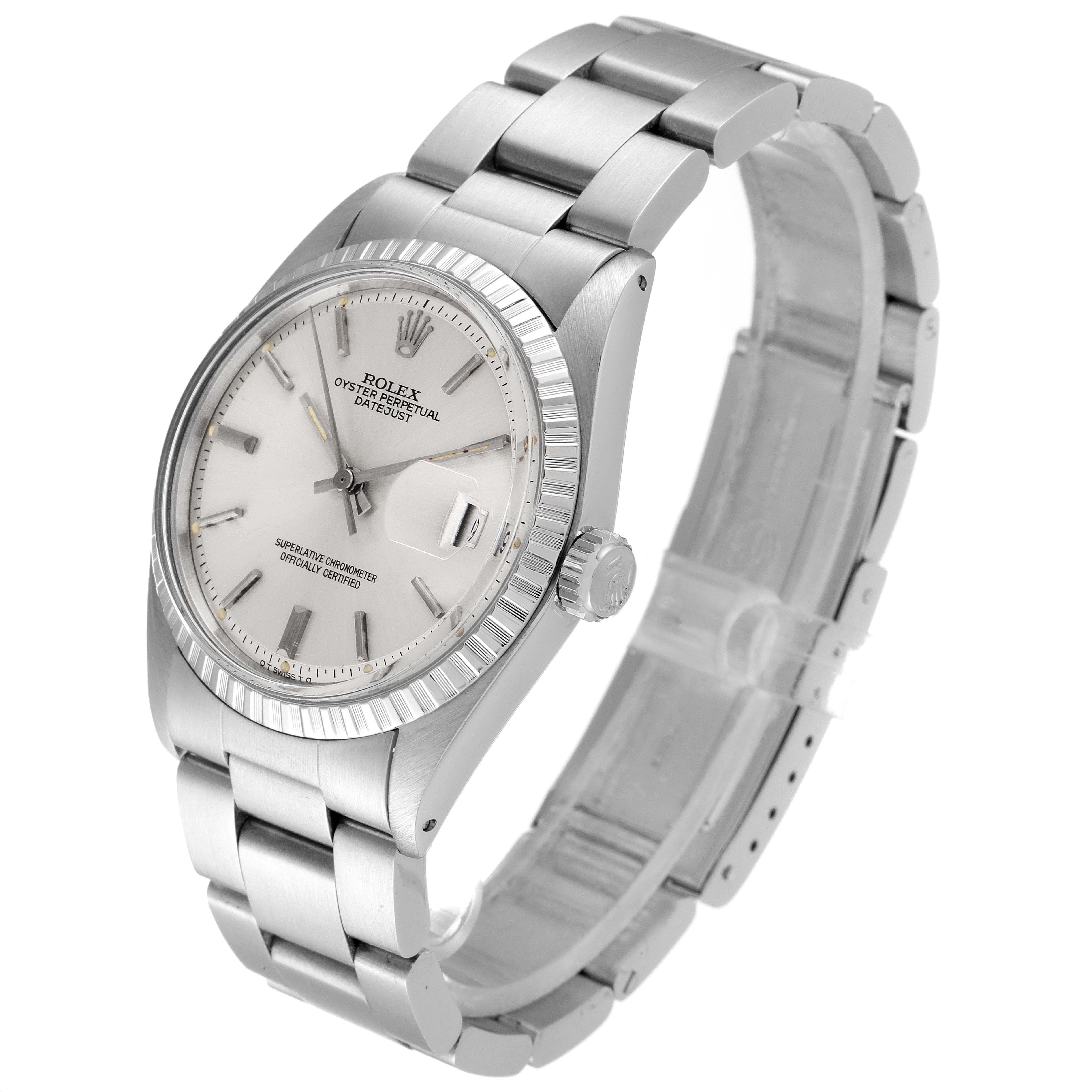 This Rolex Datejust 1603 Men
s Stainless Steel Silver Dial 1603 Men
s Stainless Steel Silver Dial watch is shown at a three-quarter angle, featuring the dial, bezel, crown, and bracelet.