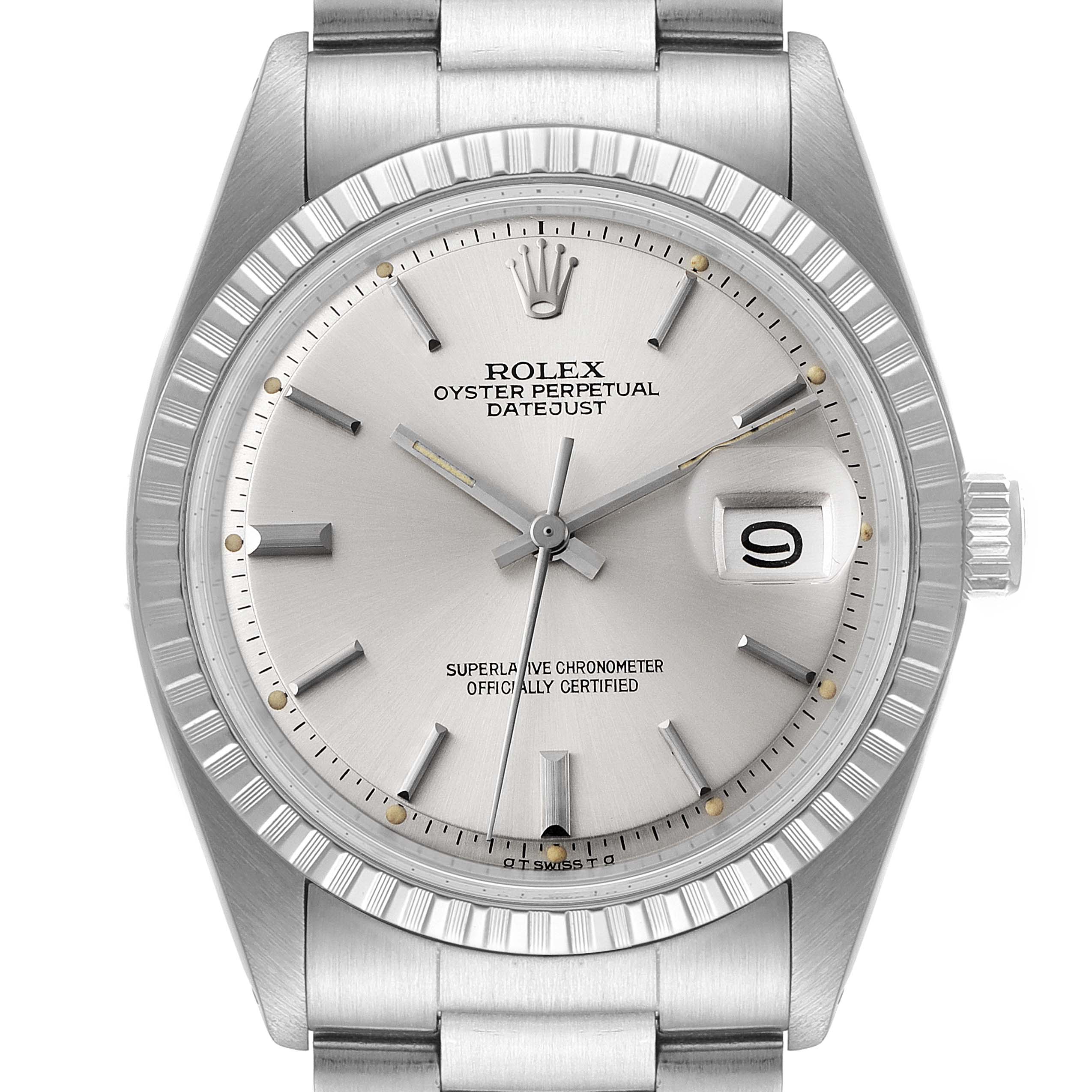 The image shows a direct front view of the Rolex Datejust 1603 Men
s Stainless Steel Silver Dial 1603 Men
s Stainless Steel Silver Dial watch, highlighting its dial, hands, bracelet, date window, and fluted bezel.