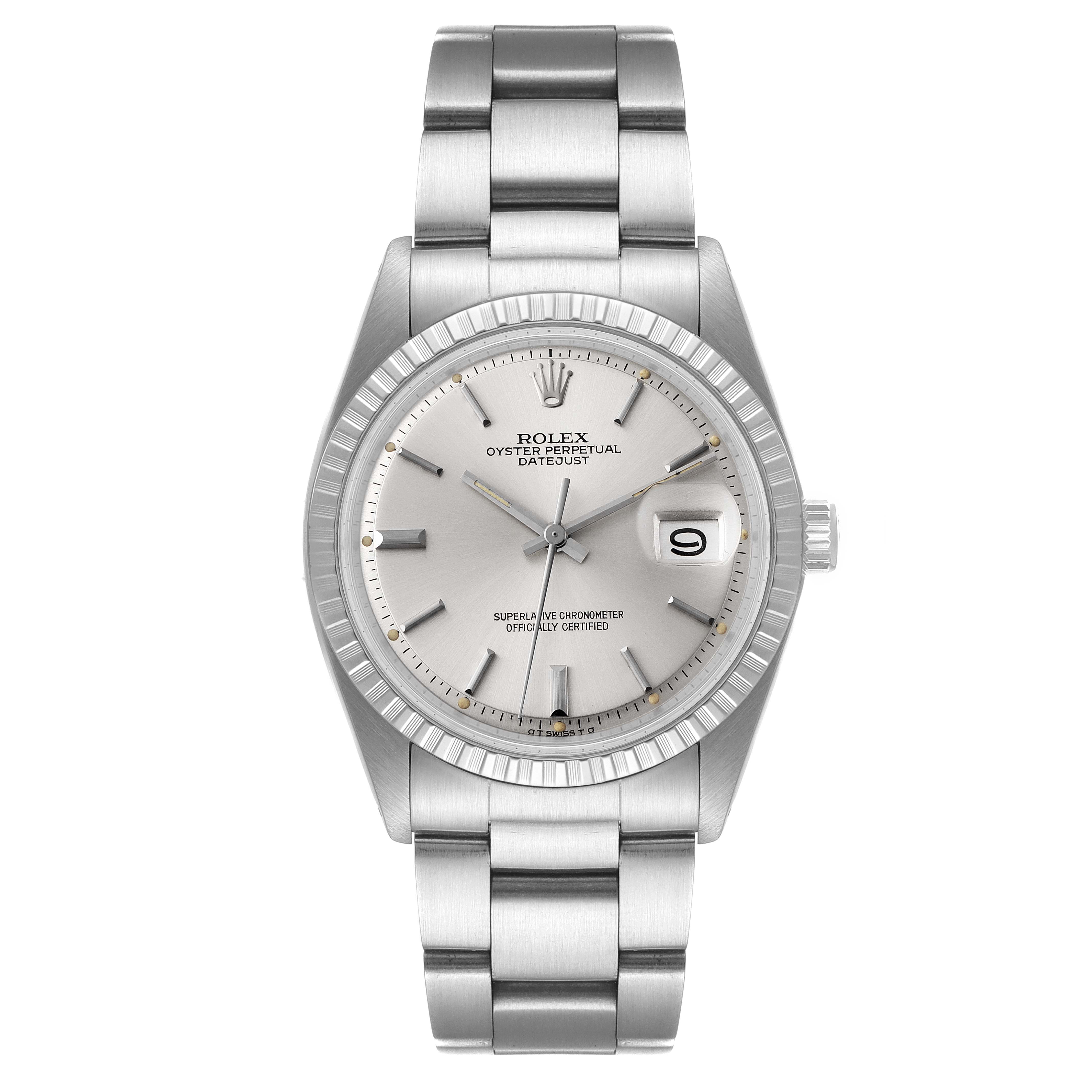 The image shows a front view of the Rolex Datejust 1603 Men
s Stainless Steel Silver Dial 1603 Men
s Stainless Steel Silver Dial watch, displaying the face, bezel, crown, and bracelet.