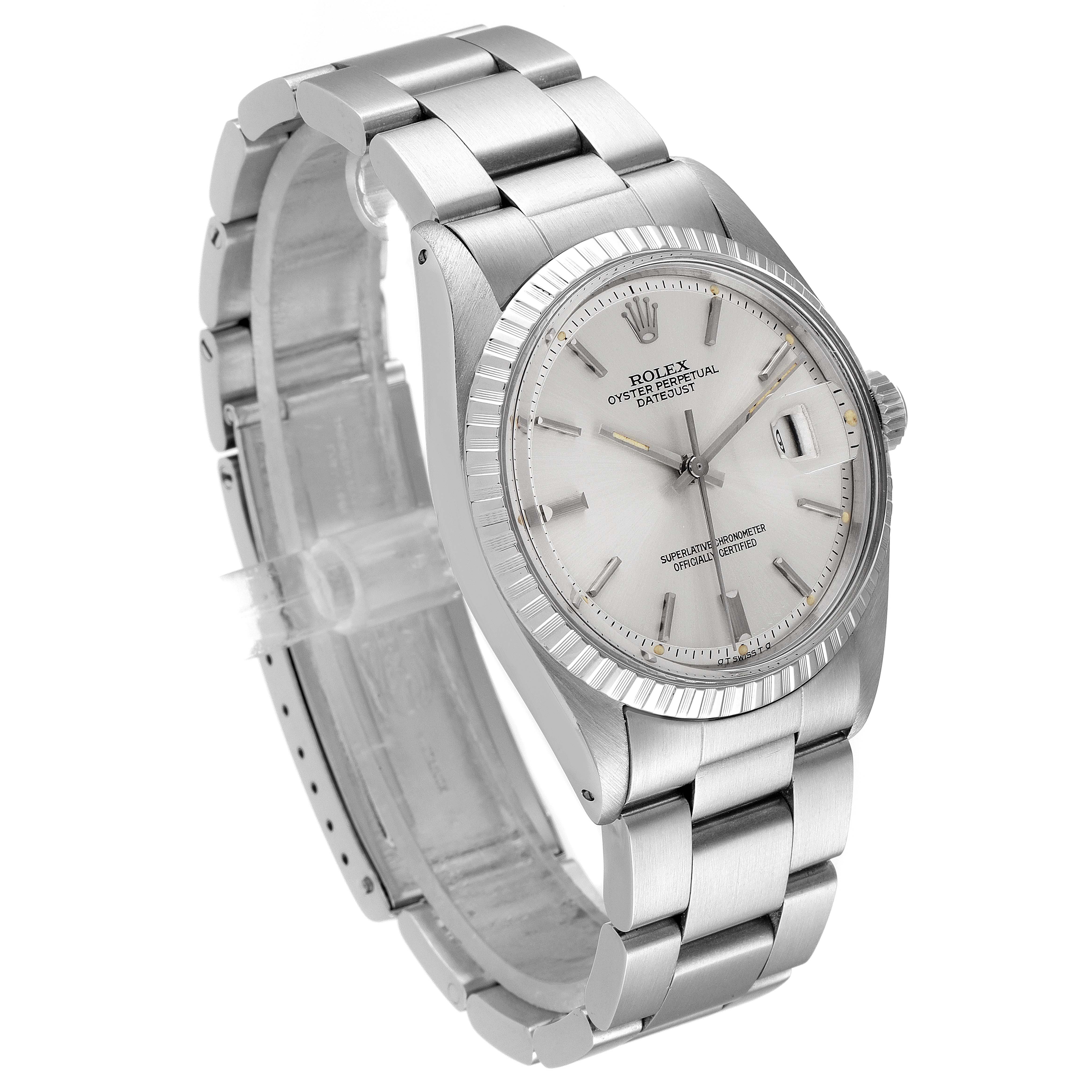 The image displays a Rolex Datejust 1603 Men
s Stainless Steel Silver Dial 1603 Men
s Stainless Steel Silver Dial watch, shown at a slight angle highlighting its dial, bracelet, and clasp.