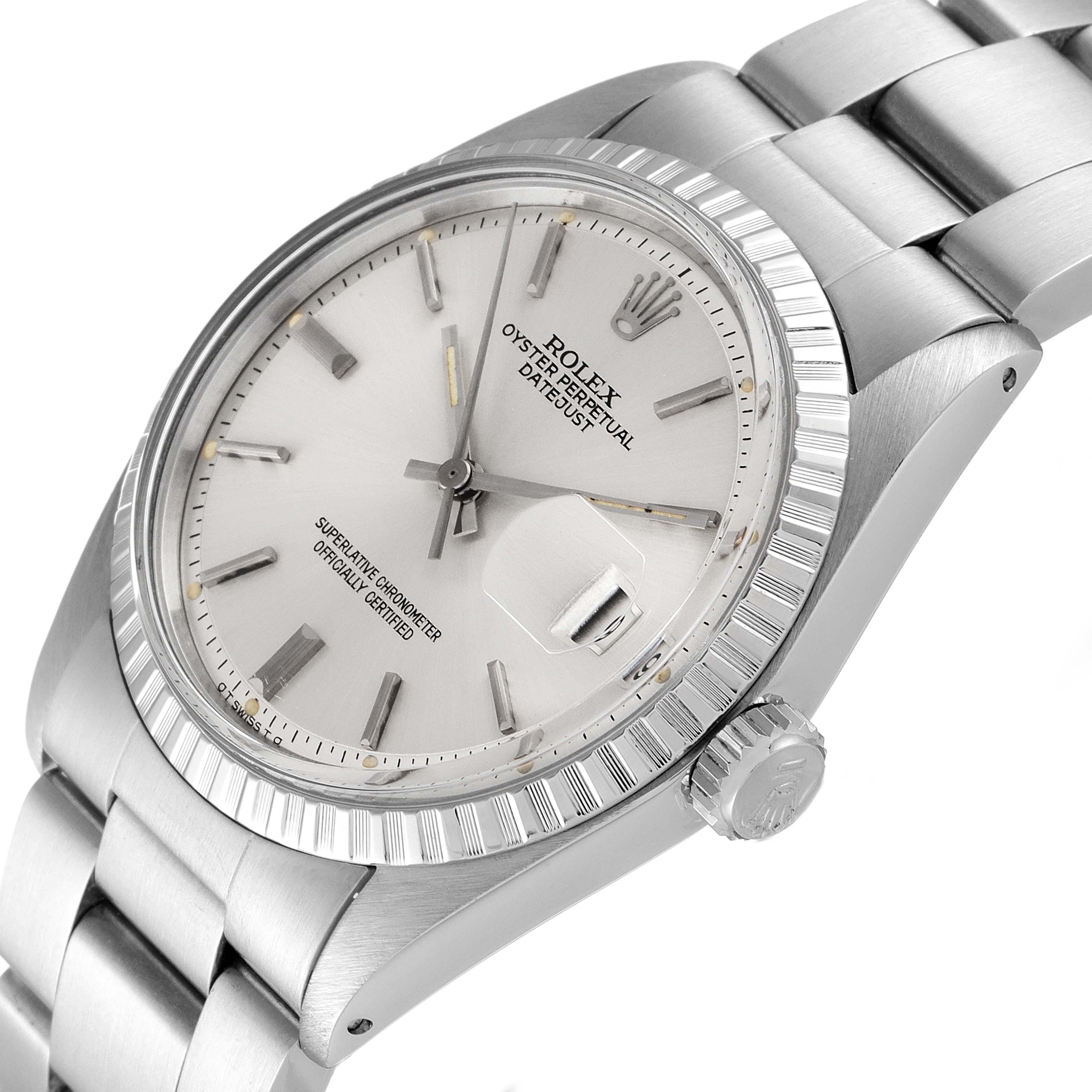 This image shows a Rolex Datejust 1603 Men
s Stainless Steel Silver Dial 1603 Men
s Stainless Steel Silver Dial watch angled slightly from above, highlighting the dial, fluted bezel, crown, and part of the bracelet.
