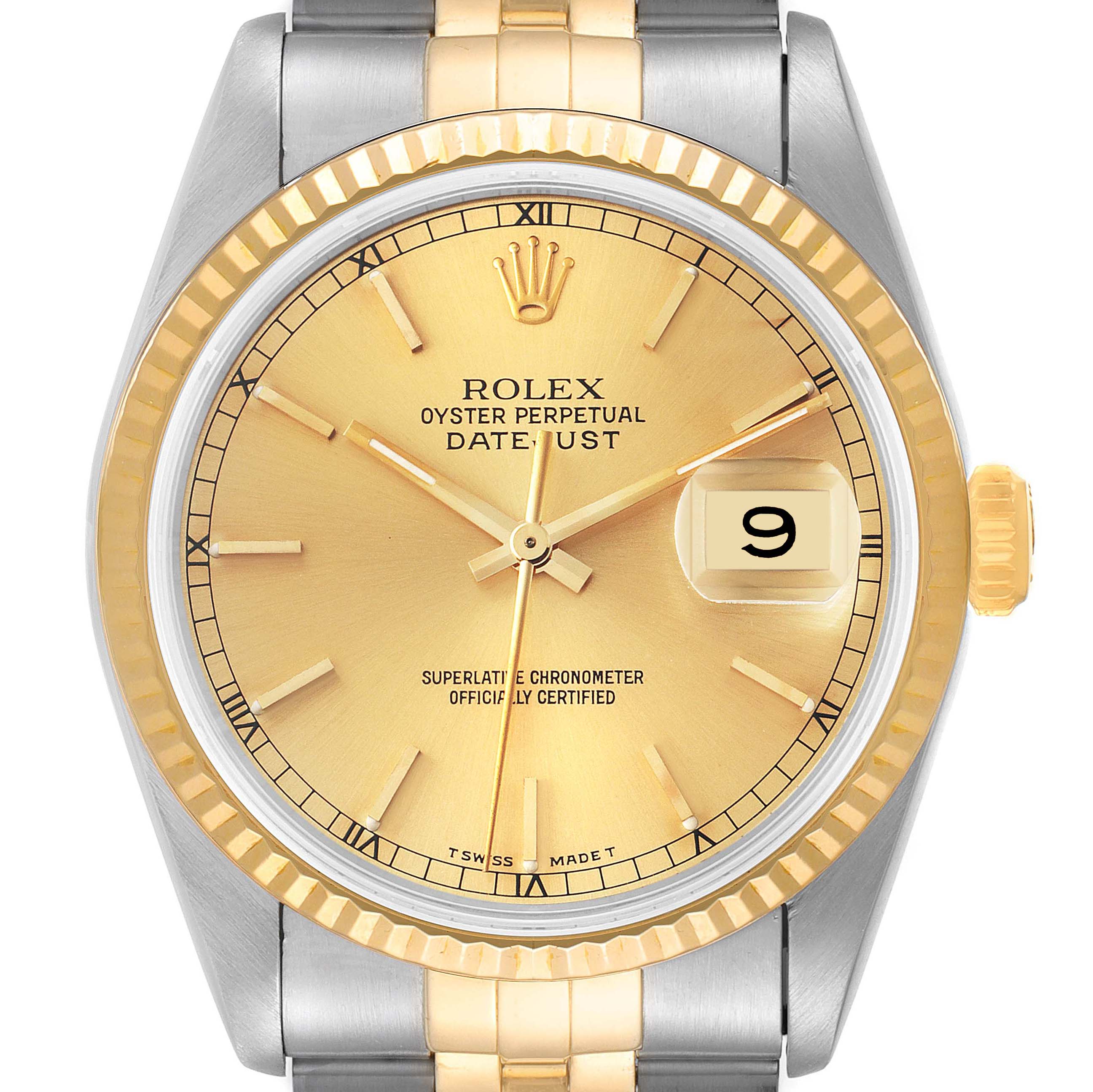 This image shows a frontal view of a Rolex Datejust 16233 Men's Steel and Gold (two tone) Champagne Dial 16233 Men's Steel and Gold (two tone) Champagne Dial watch, highlighting its gold dial, fluted bezel, and date display.