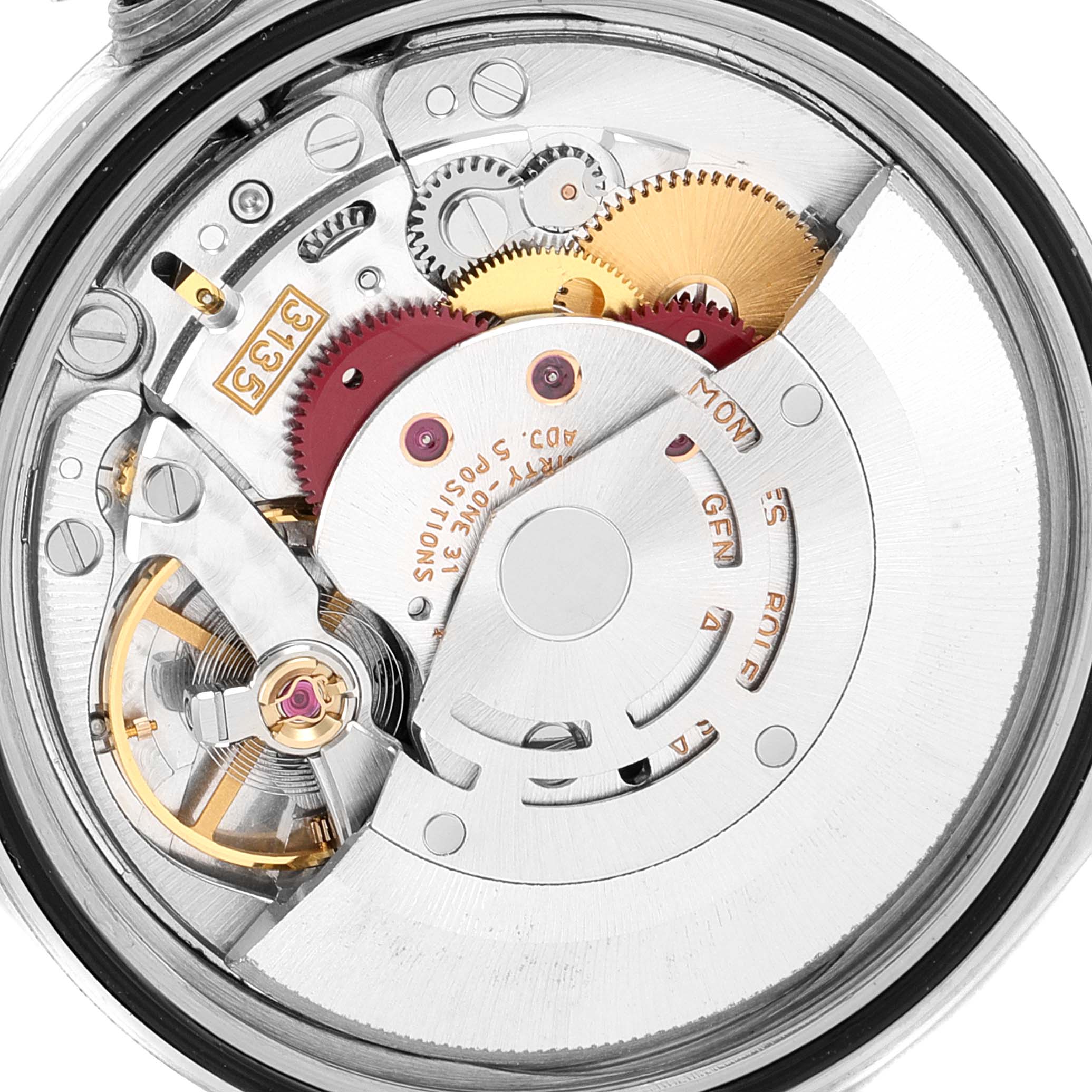 This image shows a close-up of the internal movement mechanism of a Rolex Datejust 16233 Men's Steel and Gold (two tone) Champagne Dial 16233 Men's Steel and Gold (two tone) Champagne Dial watch.