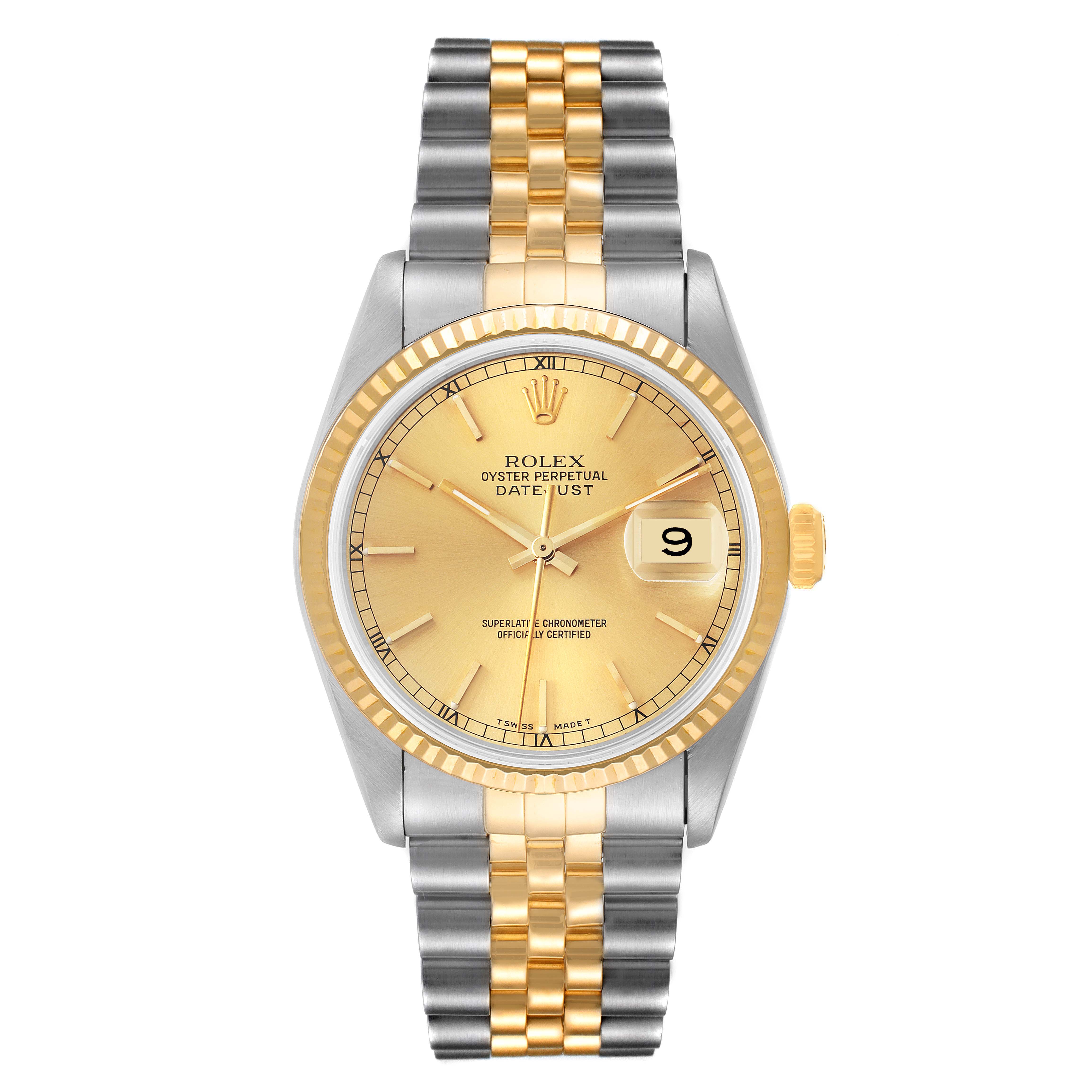 This is a front view of a Rolex Datejust 16233 Men's Steel and Gold (two tone) Champagne Dial 16233 Men's Steel and Gold (two tone) Champagne Dial watch showing the dial, bezel, crown, and two-tone bracelet.