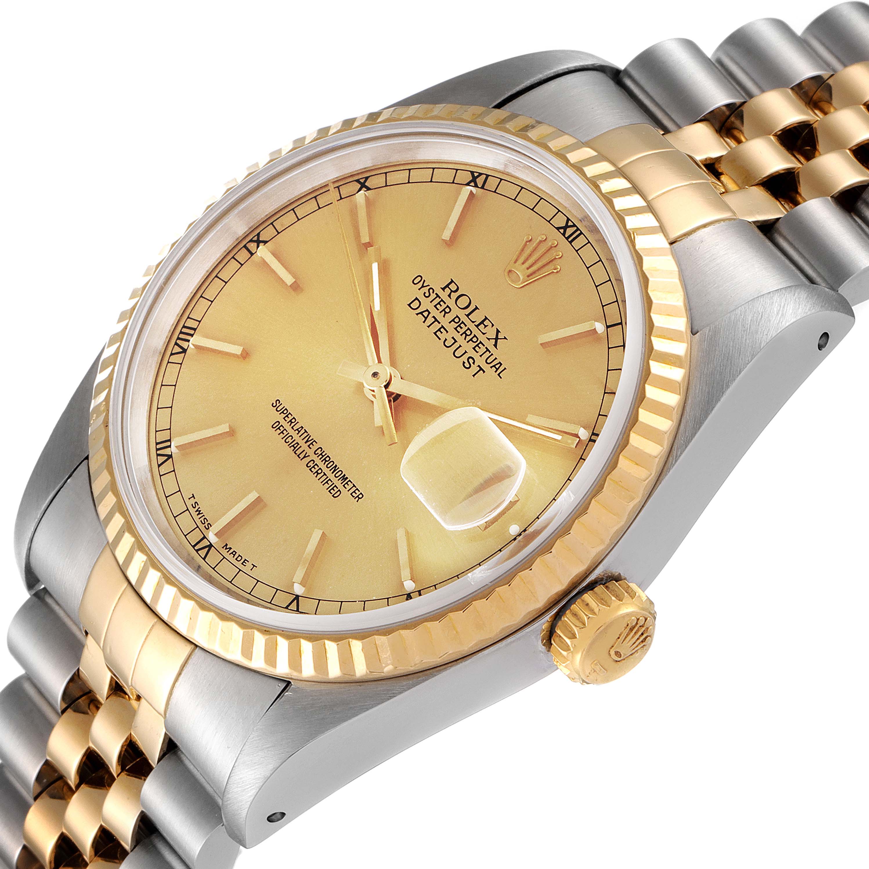 The image shows a Rolex Datejust 16233 Men's Steel and Gold (two tone) Champagne Dial 16233 Men's Steel and Gold (two tone) Champagne Dial watch at an oblique angle, highlighting the face, bezel, and part of the bracelet.