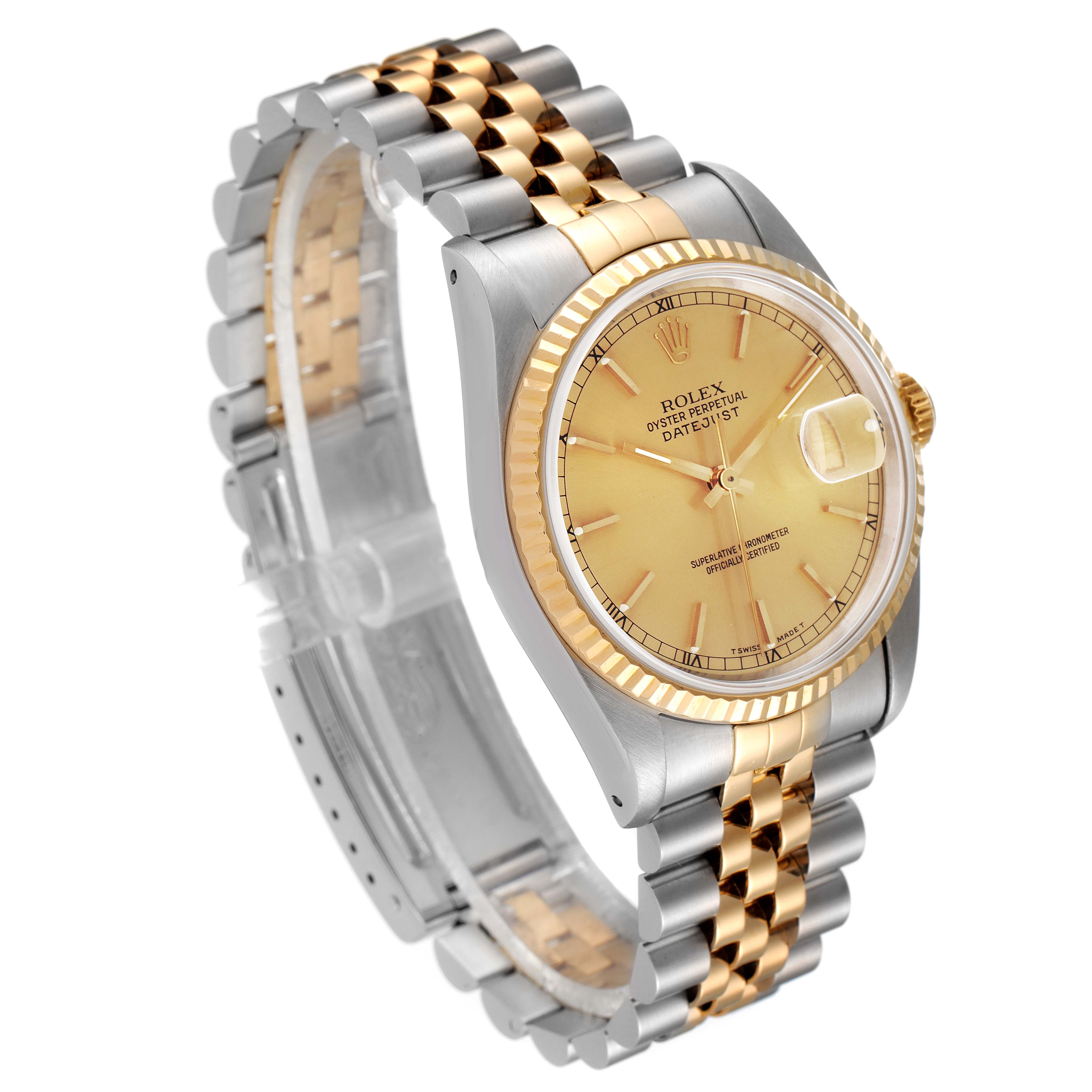 The image shows a Rolex Datejust 16233 Men's Steel and Gold (two tone) Champagne Dial 16233 Men's Steel and Gold (two tone) Champagne Dial watch at an angle, highlighting its two-tone bracelet, fluted bezel, and champagne dial.