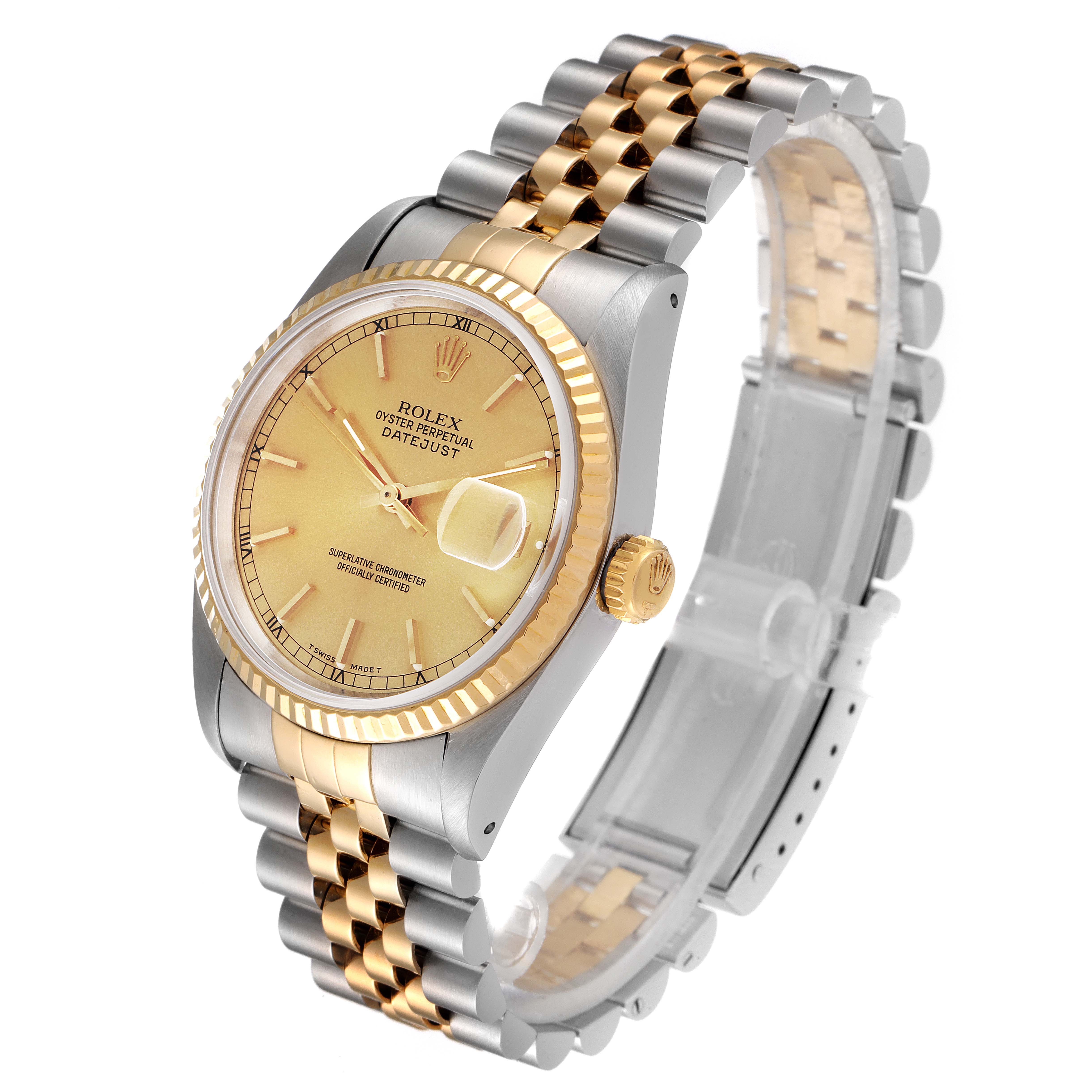 The image shows a Rolex Datejust 16233 Men's Steel and Gold (two tone) Champagne Dial 16233 Men's Steel and Gold (two tone) Champagne Dial watch at an angle highlighting the dial, bezel, crown, and two-tone bracelet.