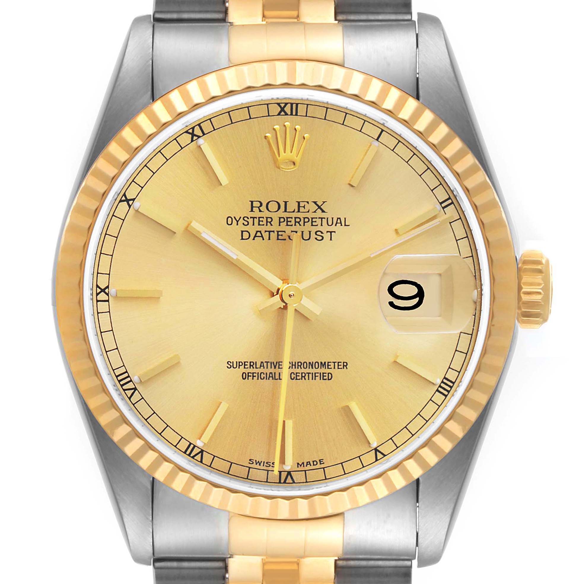The image shows a close-up of the Rolex Datejust 16233 Men's Steel and Gold (two tone) Champagne Dial 16233 Men's Steel and Gold (two tone) Champagne Dial watch face, including the dial, fluted bezel, and part of the two-tone bracelet.