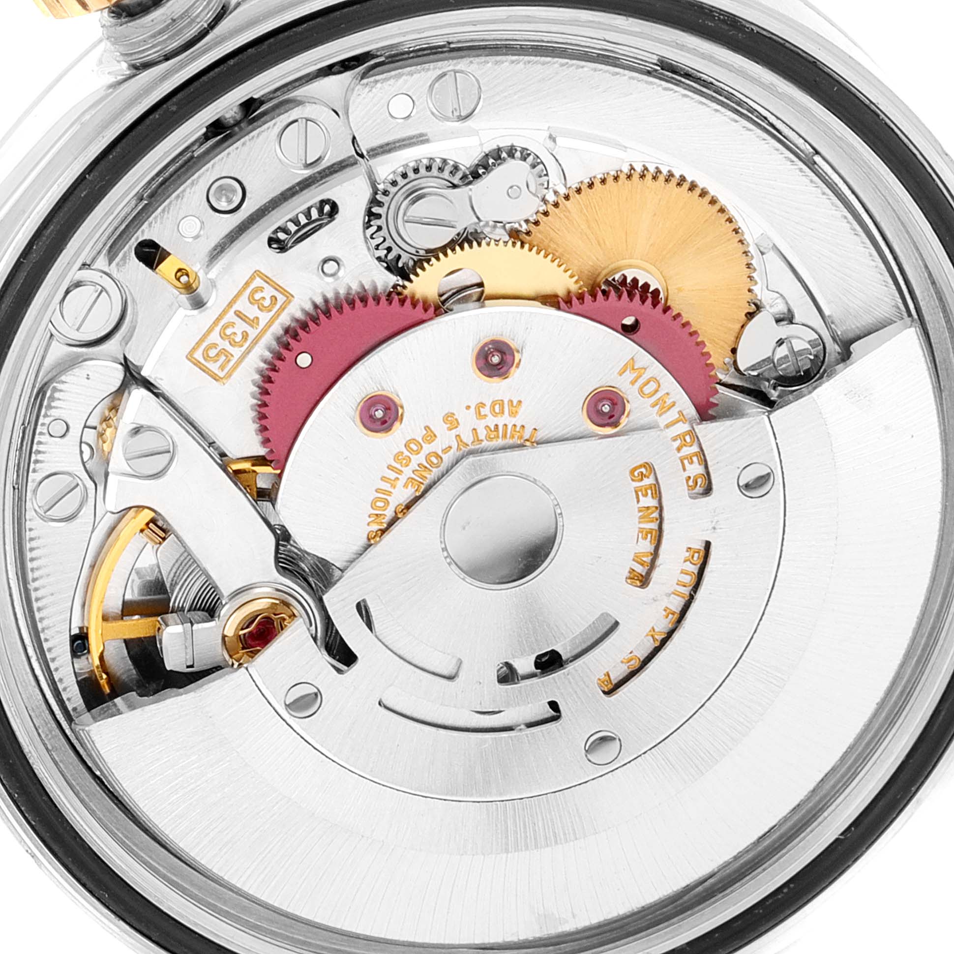 This close-up image showcases the internal mechanical movement parts of a Rolex Datejust 16233 Men's Steel and Gold (two tone) Champagne Dial 16233 Men's Steel and Gold (two tone) Champagne Dial watch.