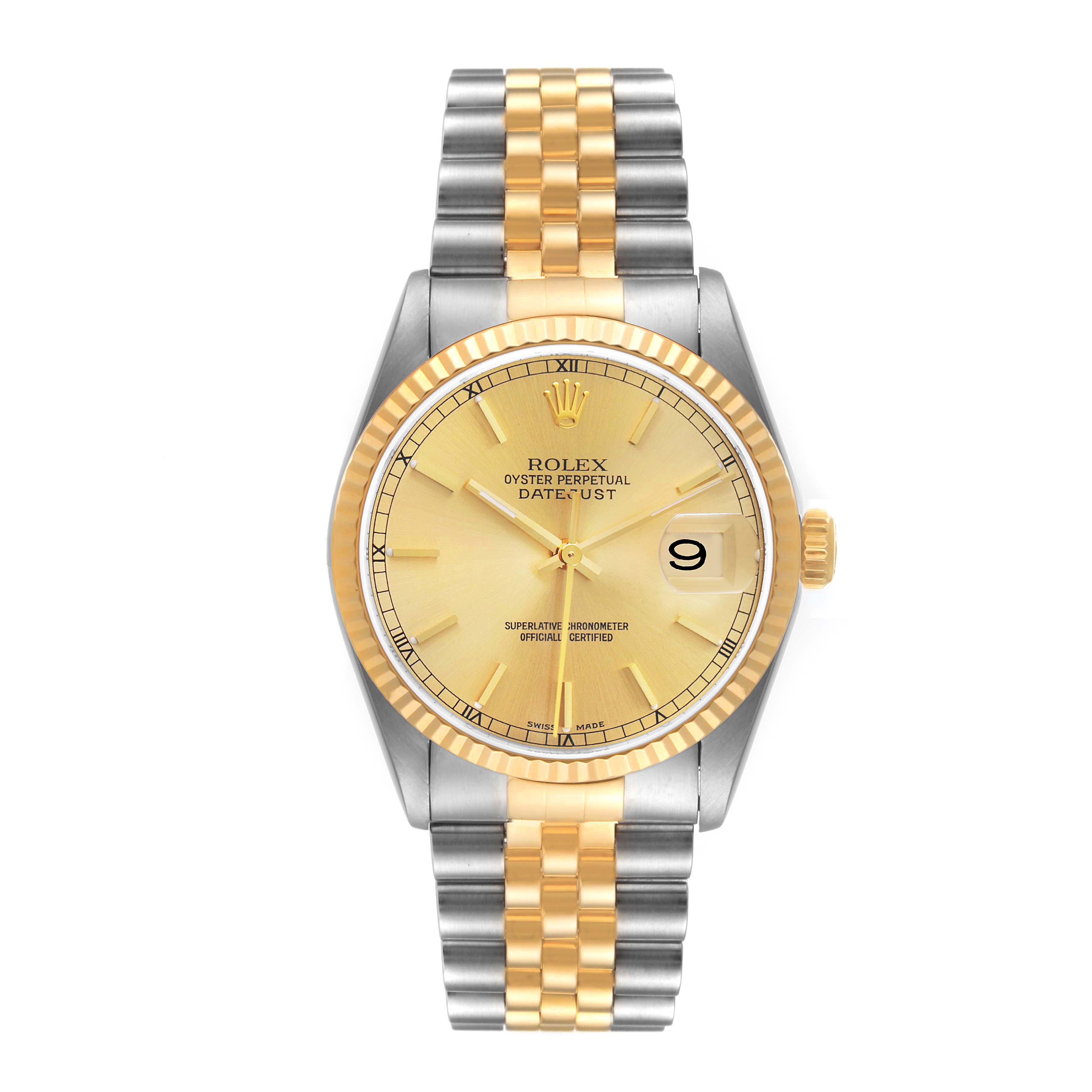 The image shows a front view of a Rolex Datejust 16233 Men's Steel and Gold (two tone) Champagne Dial 16233 Men's Steel and Gold (two tone) Champagne Dial watch with a gold dial, a fluted bezel, and a two-tone bracelet.
