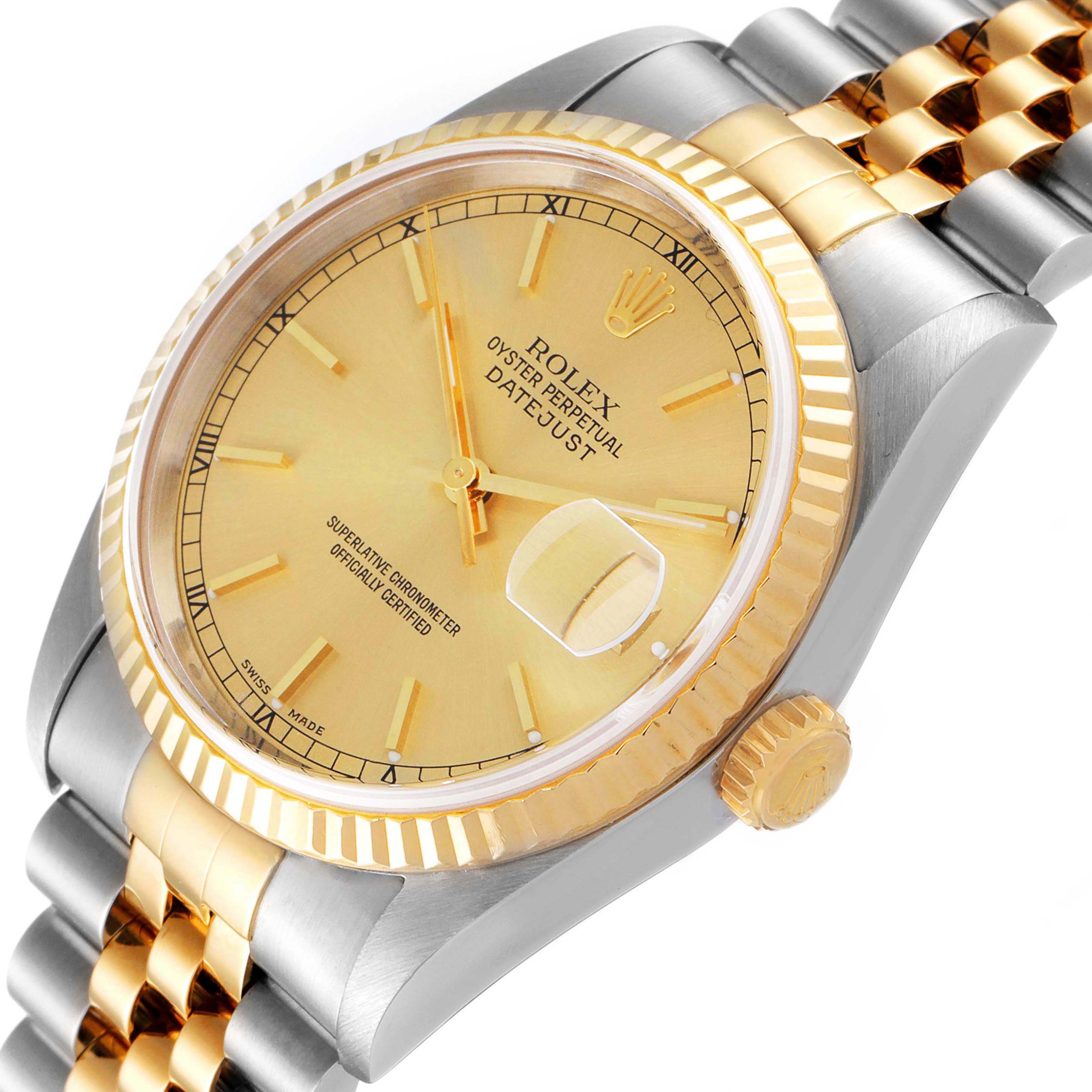 The image shows a close-up angle of a Rolex Datejust 16233 Men's Steel and Gold (two tone) Champagne Dial 16233 Men's Steel and Gold (two tone) Champagne Dial watch, highlighting the dial, bezel, crown, and part of the bracelet.