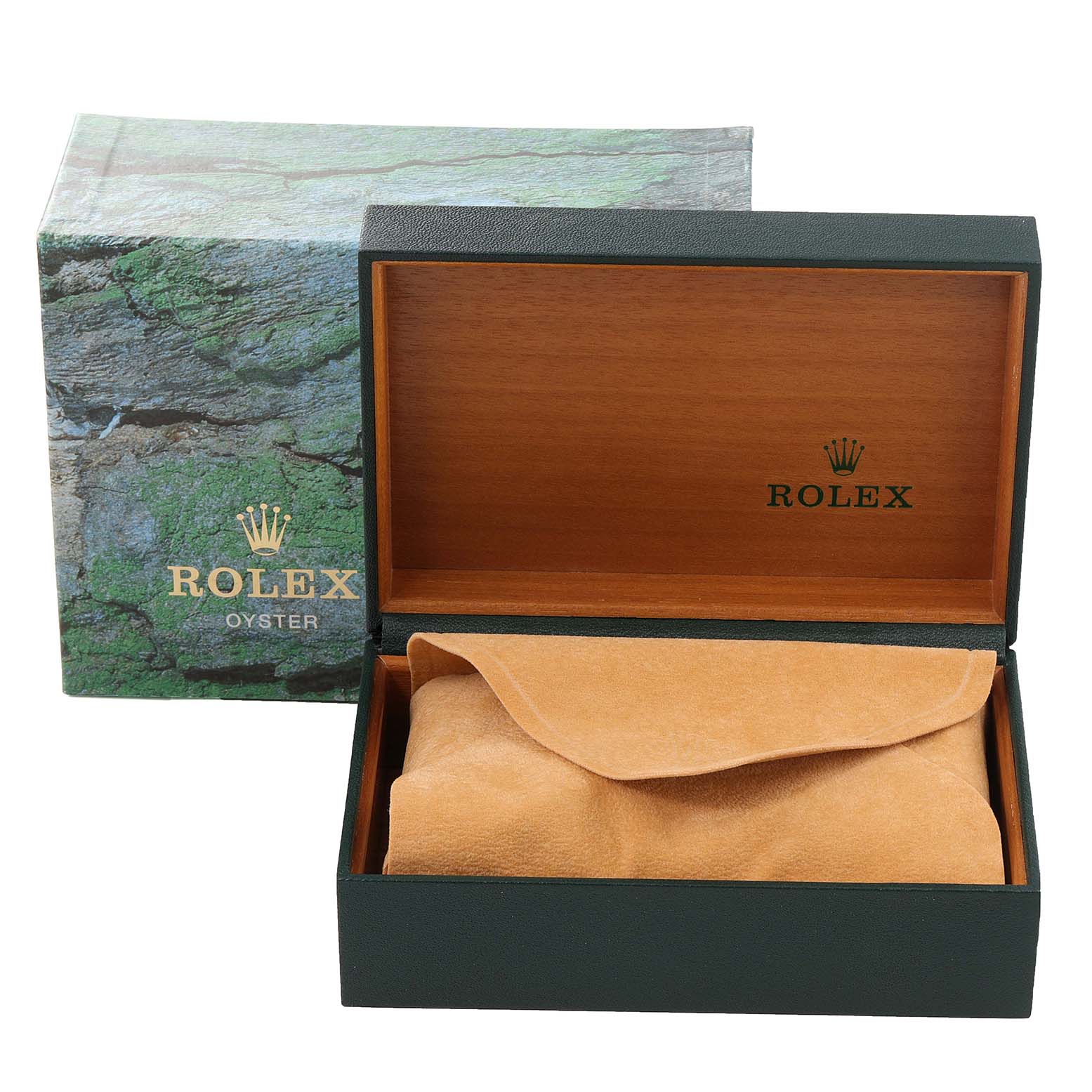 The image shows an open Rolex Datejust 16233 Men's Steel and Gold (two tone) Champagne Dial 16233 Men's Steel and Gold (two tone) Champagne Dial watch box with a tan suede pouch and a green exterior box.