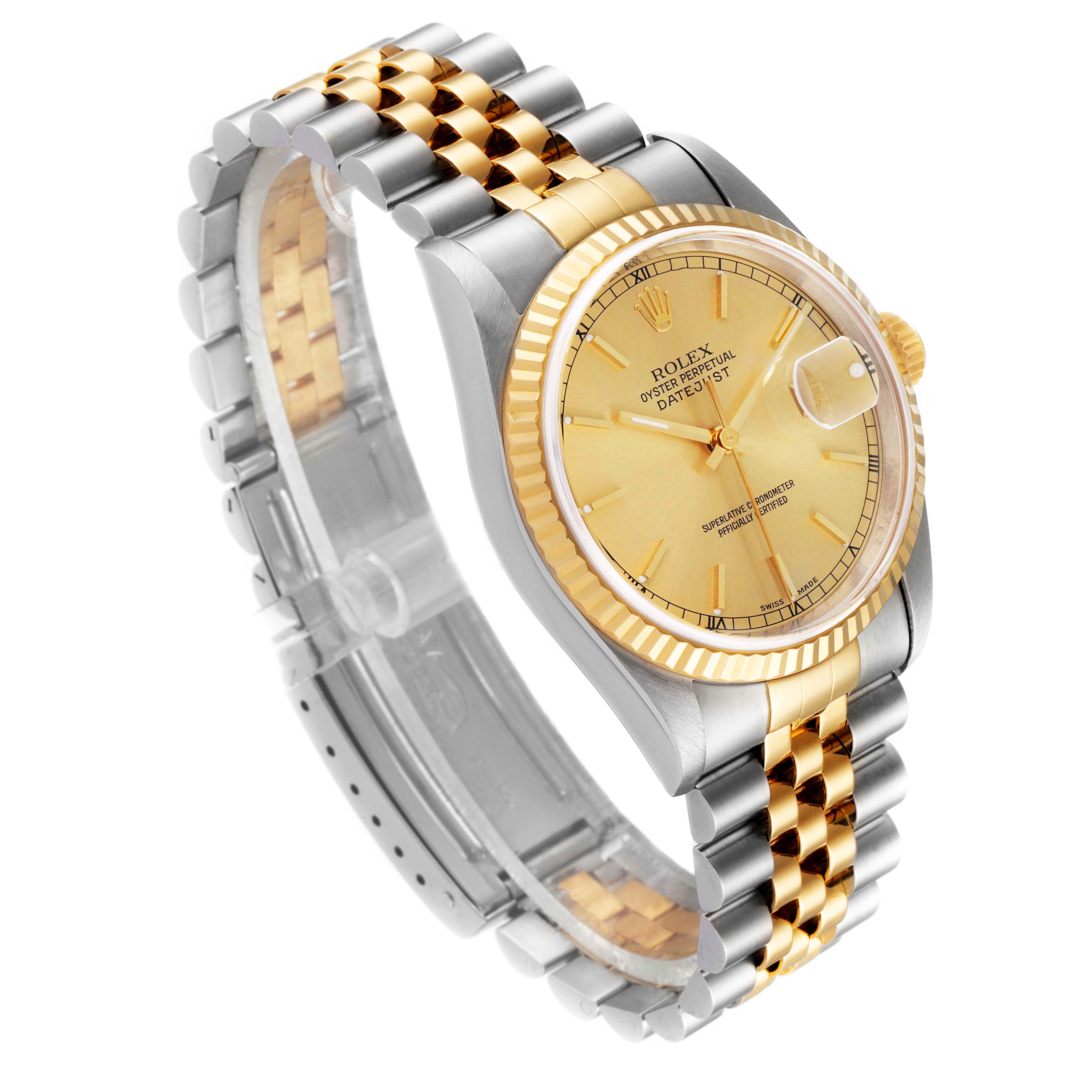 The image shows a Rolex Datejust 16233 Men's Steel and Gold (two tone) Champagne Dial 16233 Men's Steel and Gold (two tone) Champagne Dial watch at a three-quarter angle highlighting the gold dial, fluted bezel, and two-tone Jubilee bracelet.