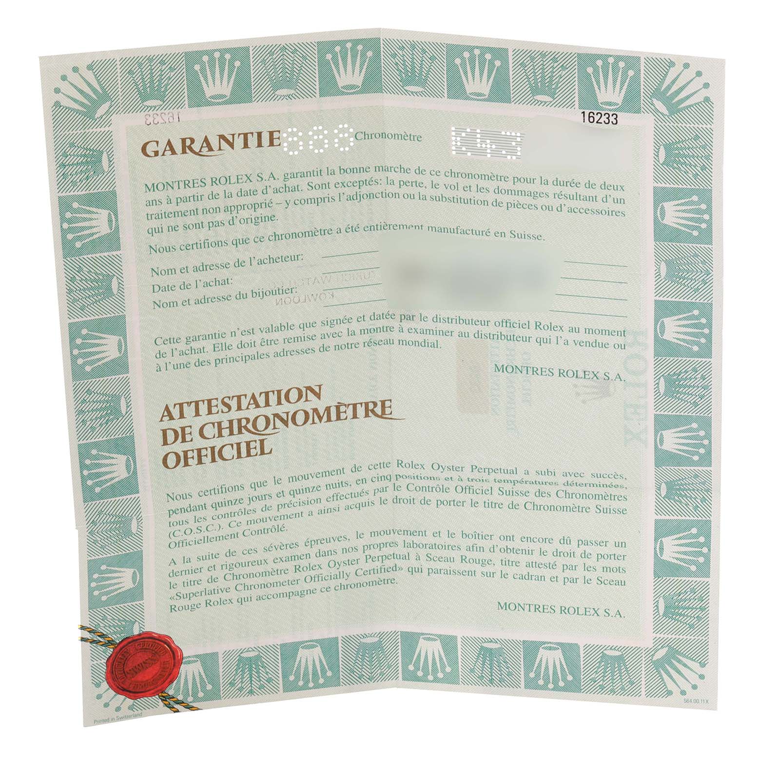 The image shows an official Rolex Datejust 16233 Men's Steel and Gold (two tone) Blue Dial 16233 Men's Steel and Gold (two tone) Blue Dial model warranty and chronometer certificate.