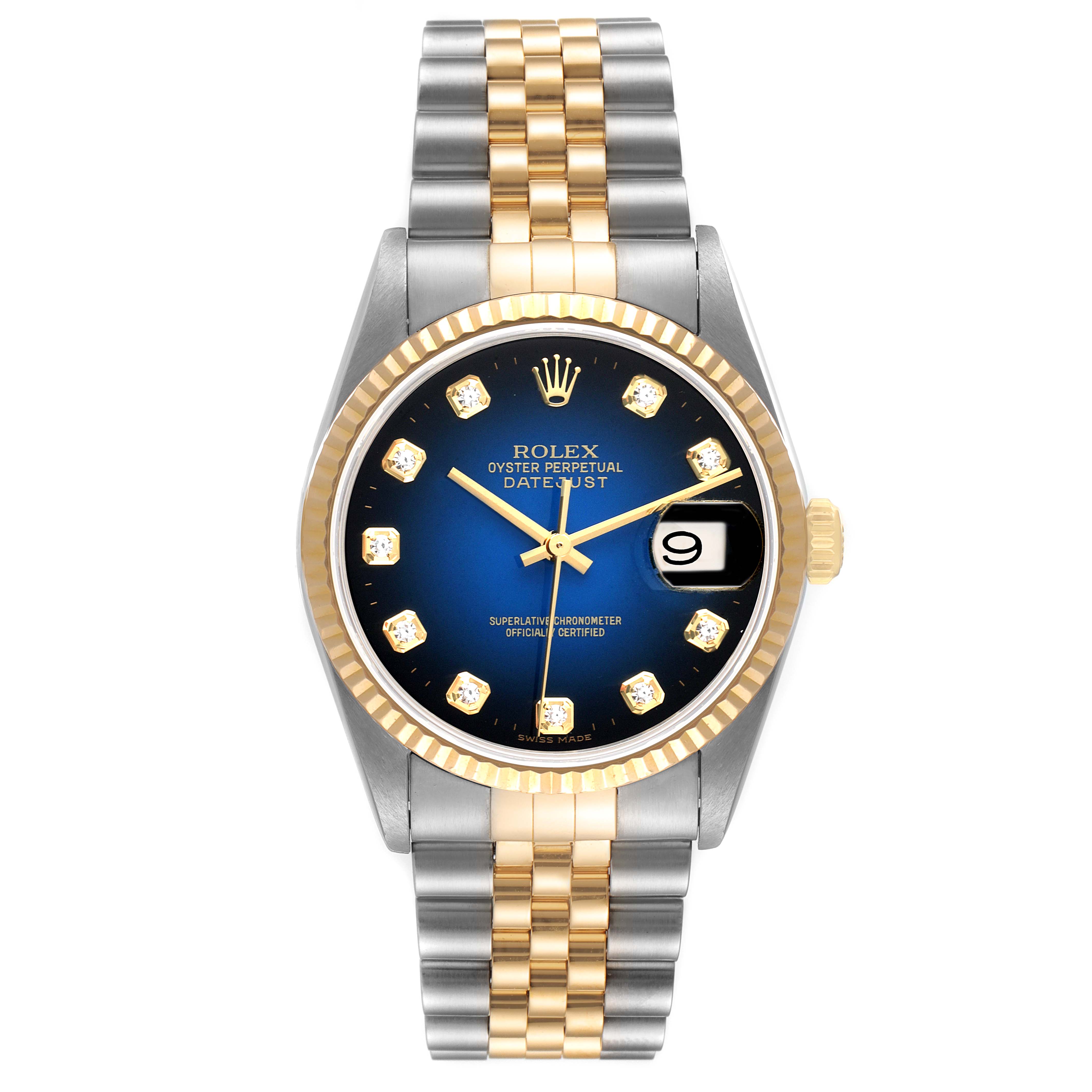 The Rolex Datejust 16233 Men's Steel and Gold (two tone) Blue Dial 16233 Men's Steel and Gold (two tone) Blue Dial watch is shown from the front, displaying its blue dial, gold markers, gold fluted bezel, and two-tone bracelet.