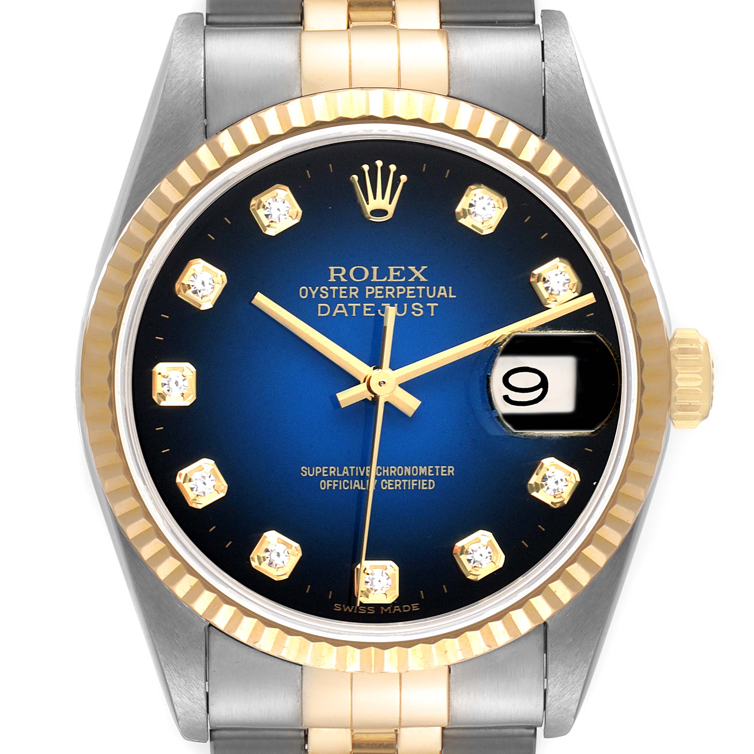 The image shows a close-up of the Rolex Datejust 16233 Men's Steel and Gold (two tone) Blue Dial 16233 Men's Steel and Gold (two tone) Blue Dial watch face, highlighting the blue dial, date window, gold hour markers, and bezel.