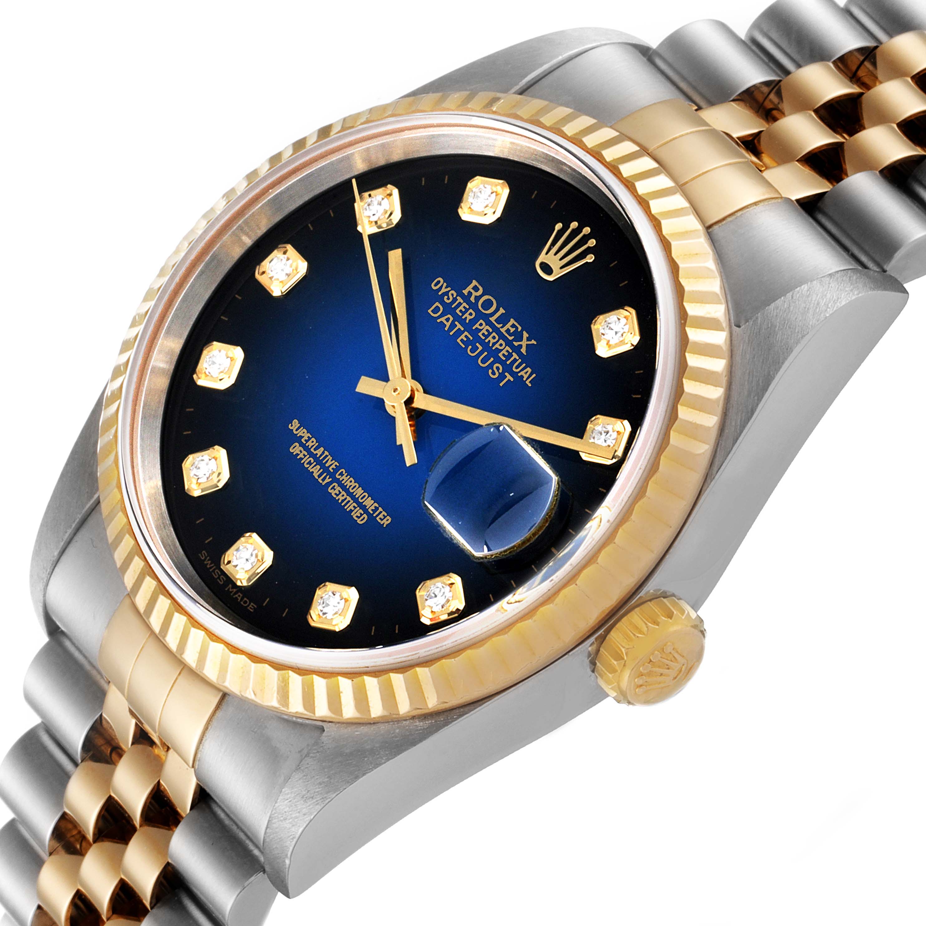 The image shows a close-up angle of the Rolex Datejust 16233 Men's Steel and Gold (two tone) Blue Dial 16233 Men's Steel and Gold (two tone) Blue Dial watch, highlighting the dial, bezel, crown, and part of the bracelet.