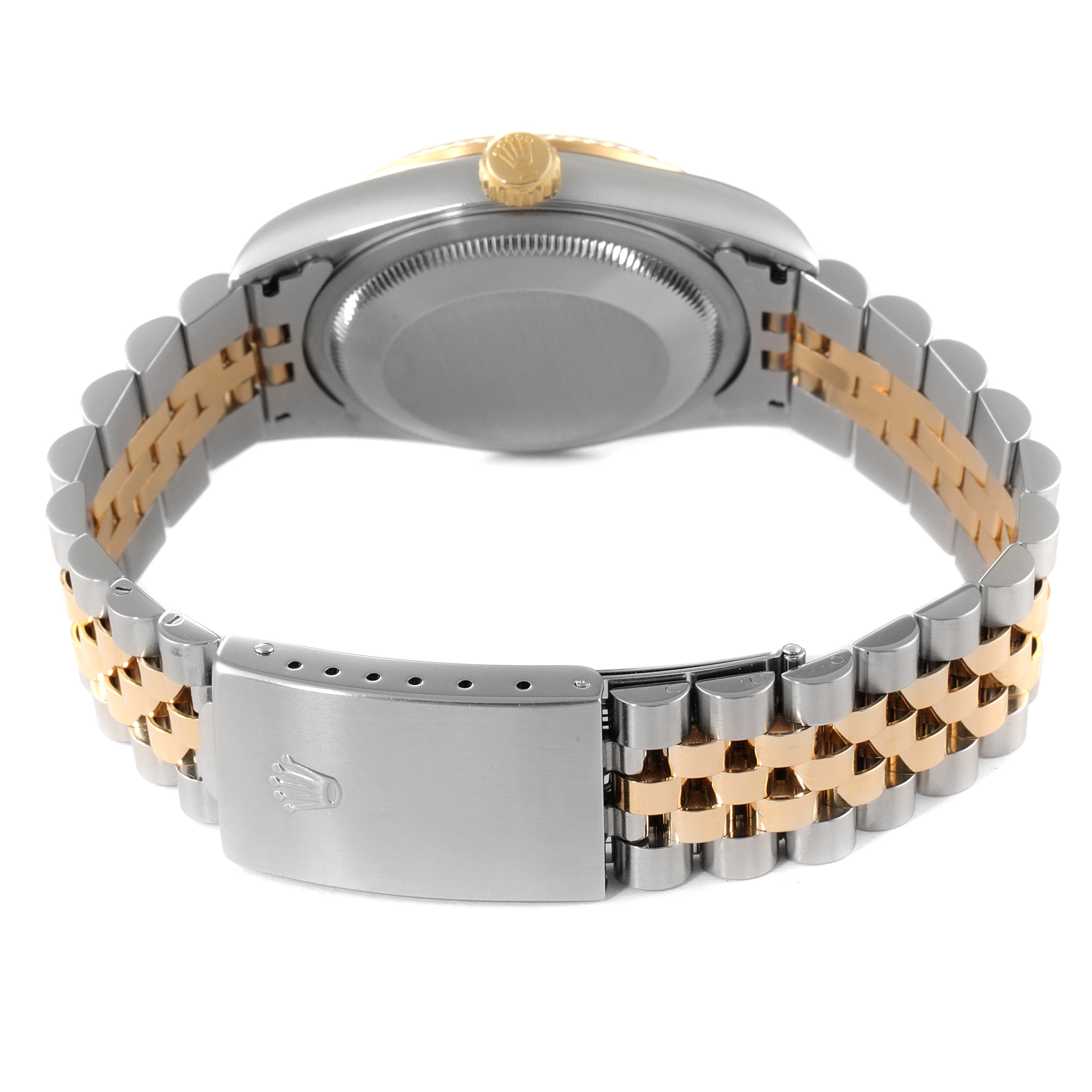 This image shows the back view of a Rolex Datejust 16233 Men's Steel and Gold (two tone) Blue Dial 16233 Men's Steel and Gold (two tone) Blue Dial watch, including the case back, crown, and bracelet with a clasp.