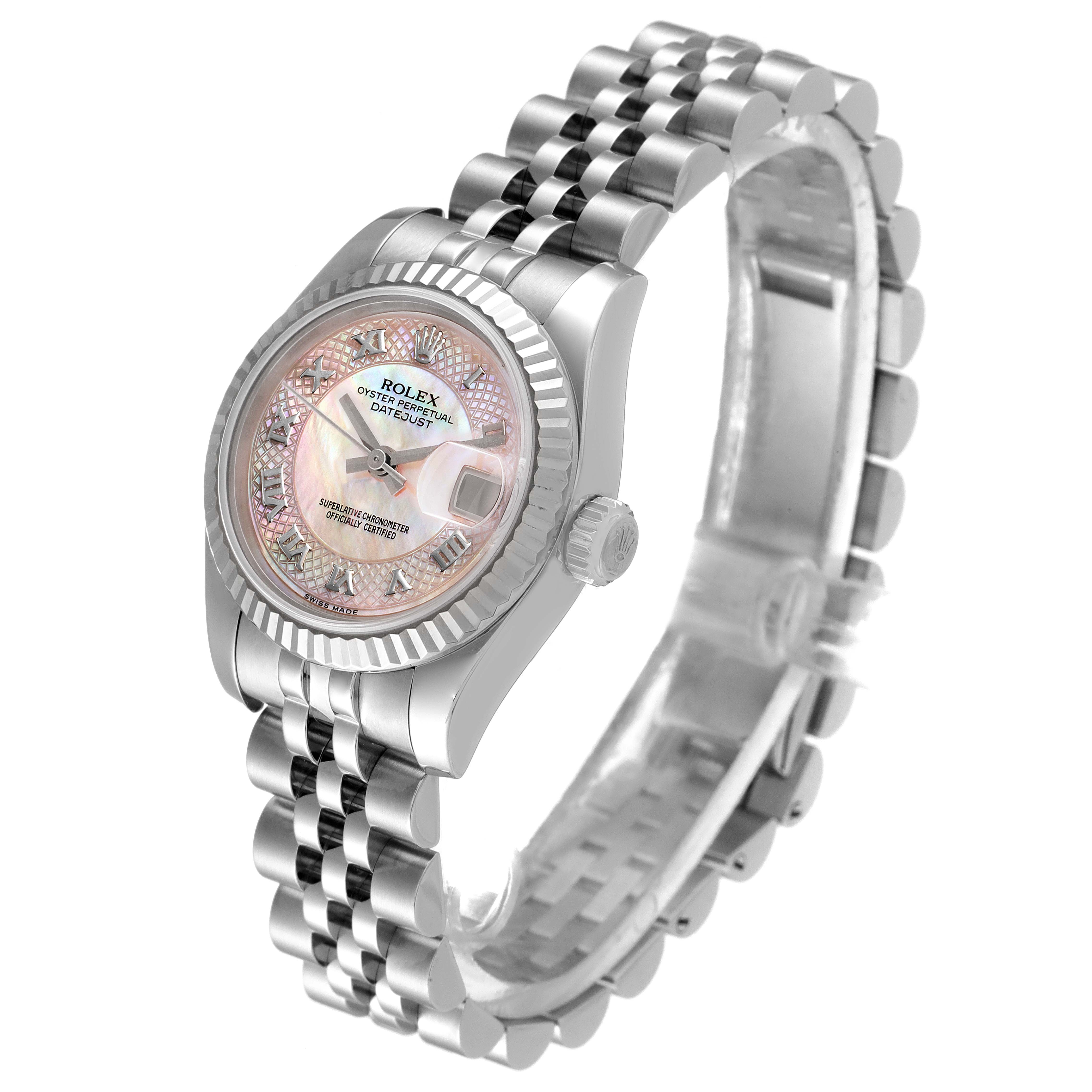This Rolex Datejust 179174 Women's Stainless Steel Mother of Pearl Dial 179174 Women's Stainless Steel Mother of Pearl Dial watch is shown from a three-quarter angle, highlighting the face, bezel, crown, and bracelet.