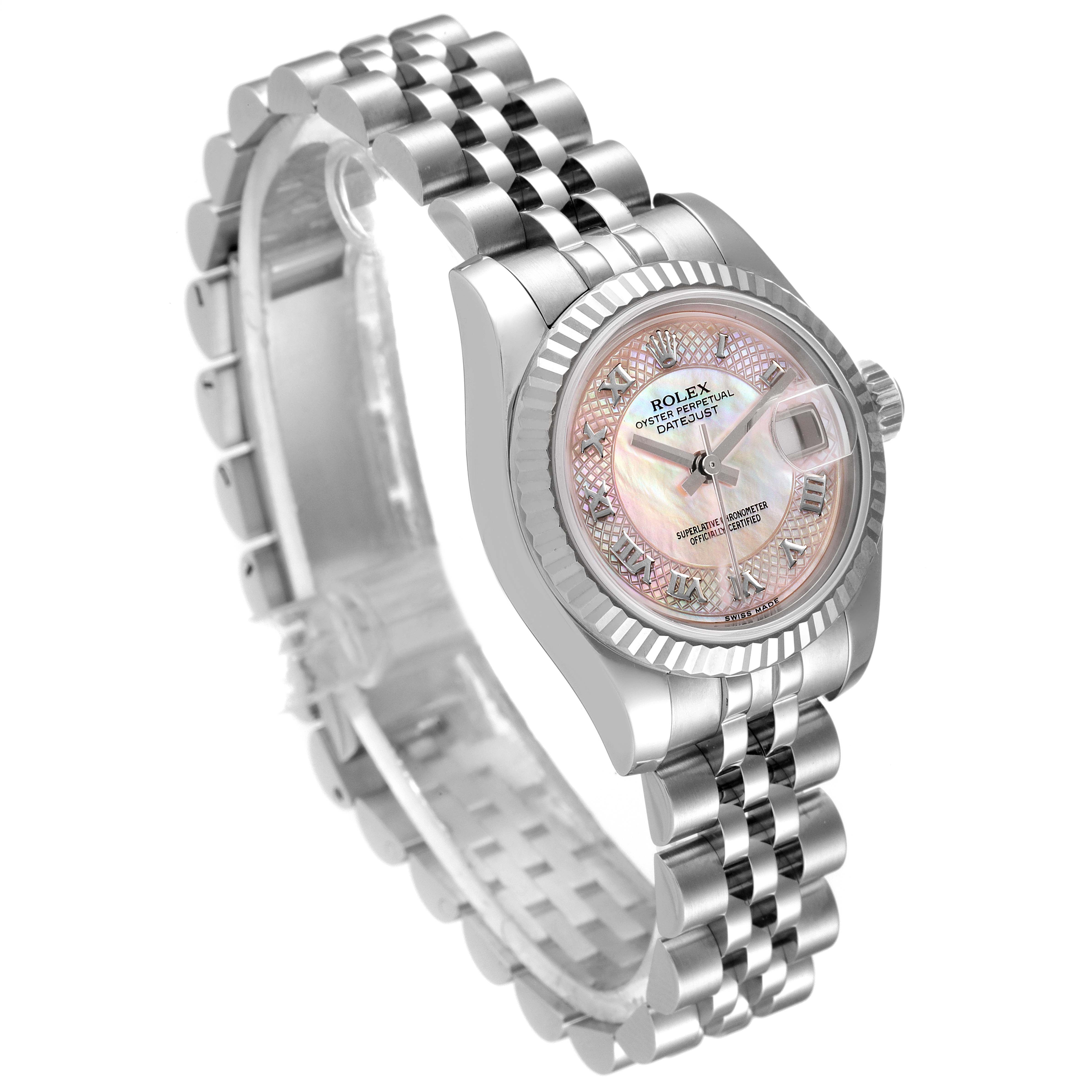 The image shows a Rolex Datejust 179174 Women's Stainless Steel Mother of Pearl Dial 179174 Women's Stainless Steel Mother of Pearl Dial watch at a three-quarter angle, highlighting its dial, bezel, and Jubilee bracelet.