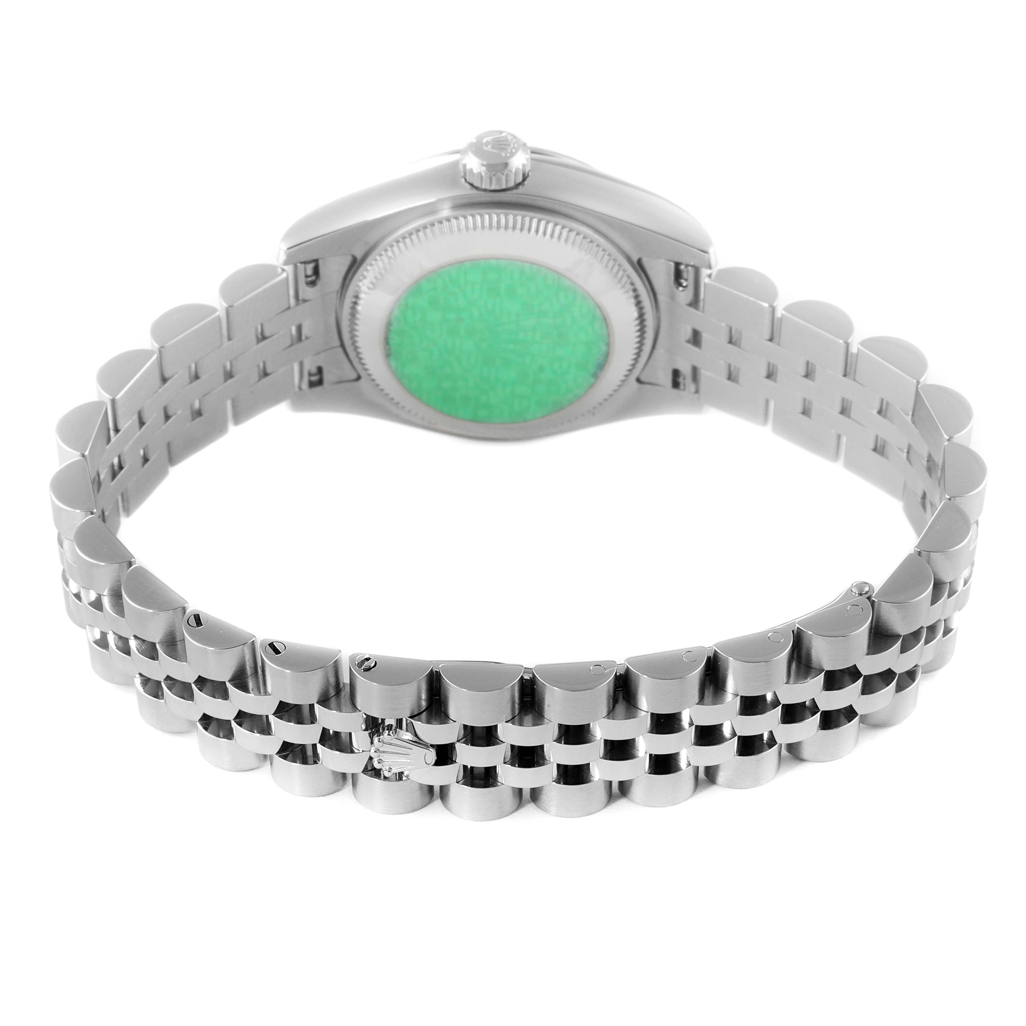 This image shows the back of a Rolex Datejust 179174 Women's Stainless Steel Mother of Pearl Dial 179174 Women's Stainless Steel Mother of Pearl Dial watch, featuring the case back and bracelet.