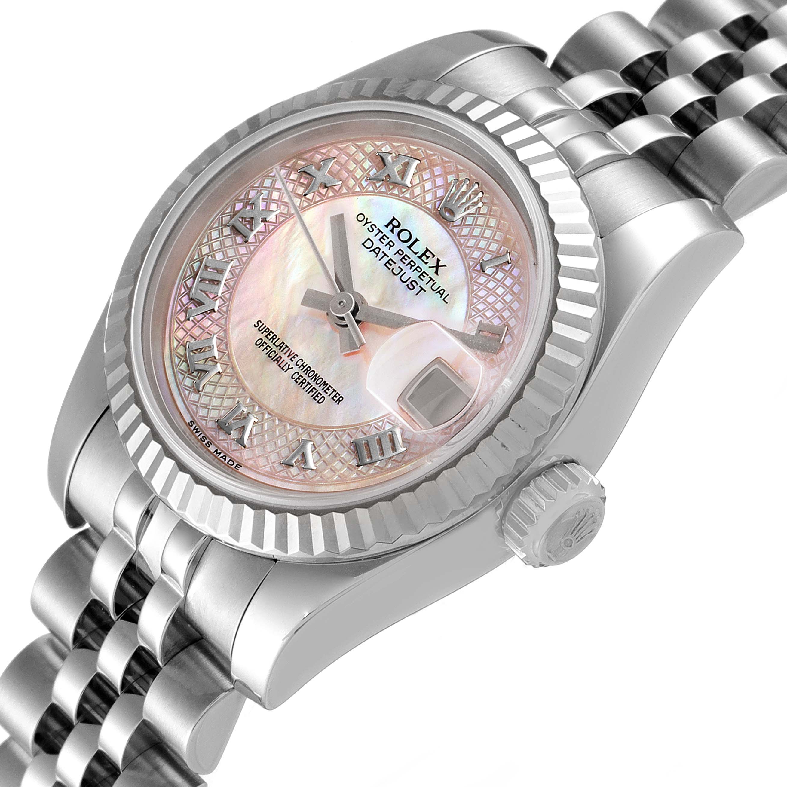 This image shows a close-up side view of the Rolex Datejust 179174 Women's Stainless Steel Mother of Pearl Dial 179174 Women's Stainless Steel Mother of Pearl Dial watch, highlighting its dial, bezel, crown, and bracelet.